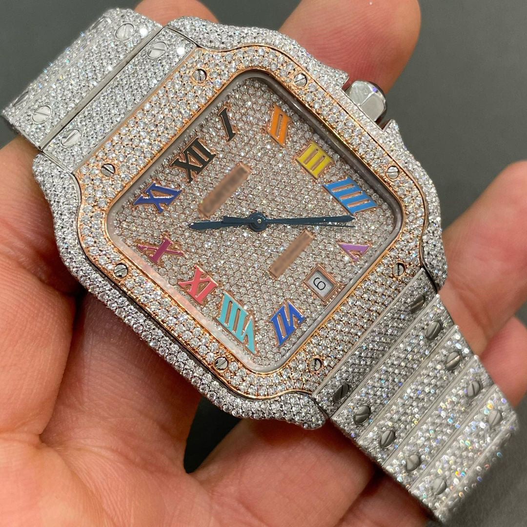 Iced Out TwoTone Rainbow Roman dial Cartier Men Watch