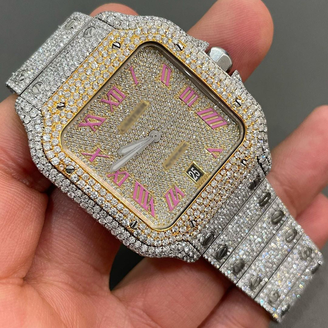 Iced Out Two-tone pink Roman dial Cartier Watch