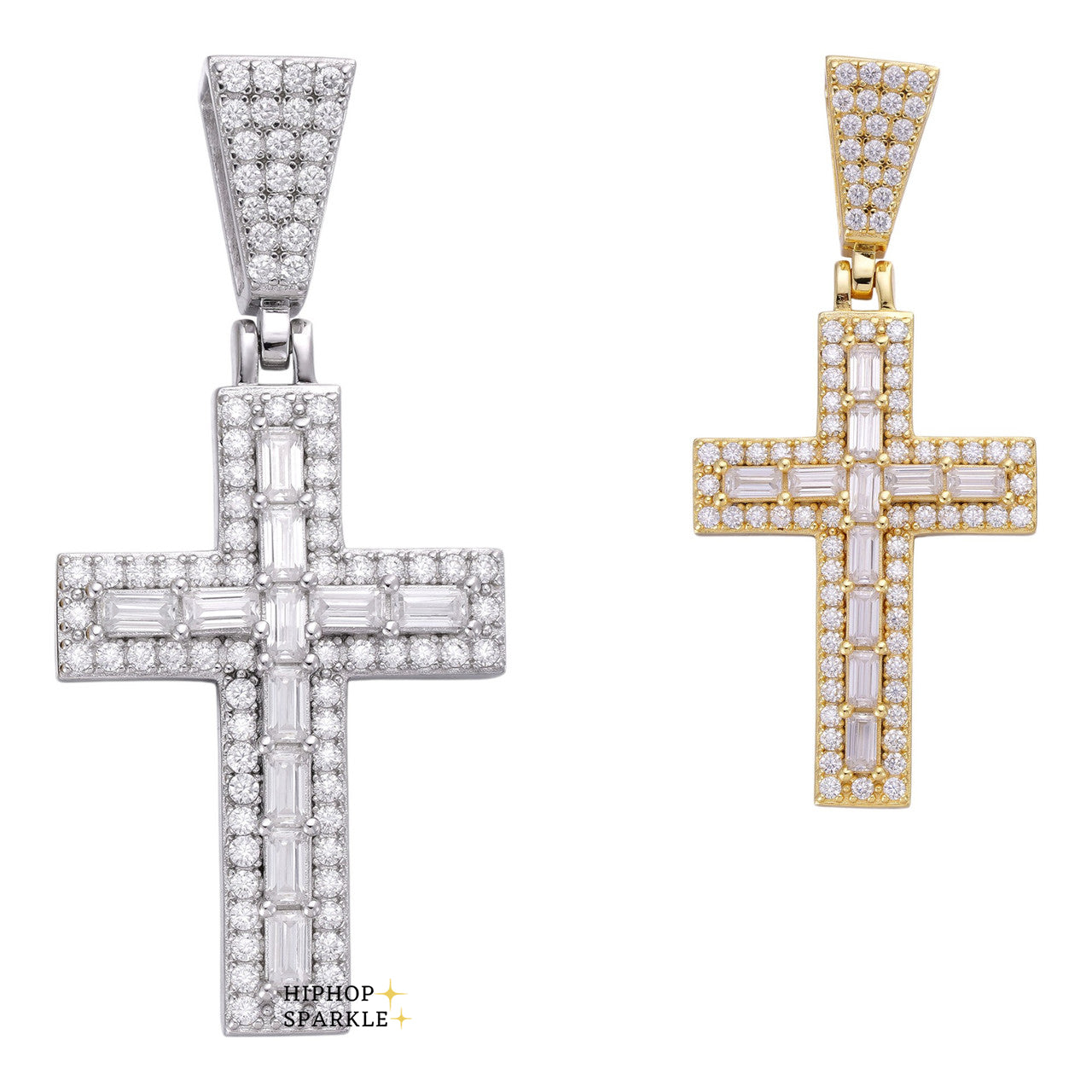 Moissanite Baguette Tennis Iced Out Cross Pendant - 14k Gold Vermeil & 925 Silver