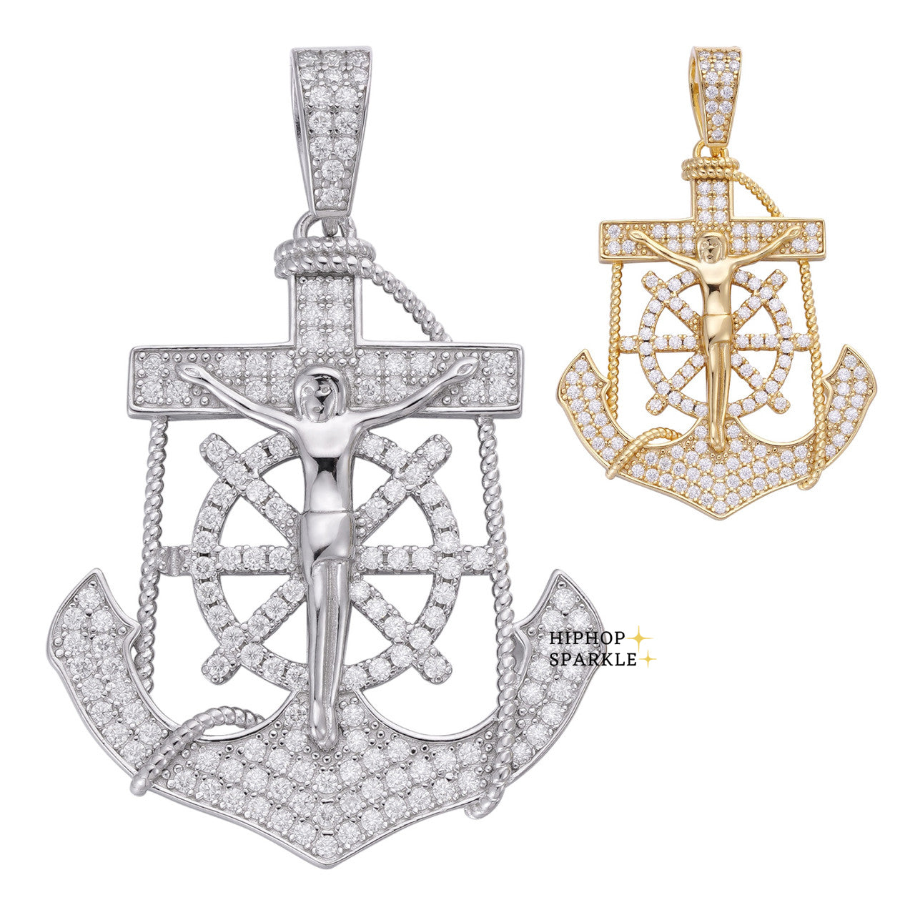 Moissanite Jesus Anchor Crucifix Pendant - 14k Yellow Gold Vermeil & 925 Silver