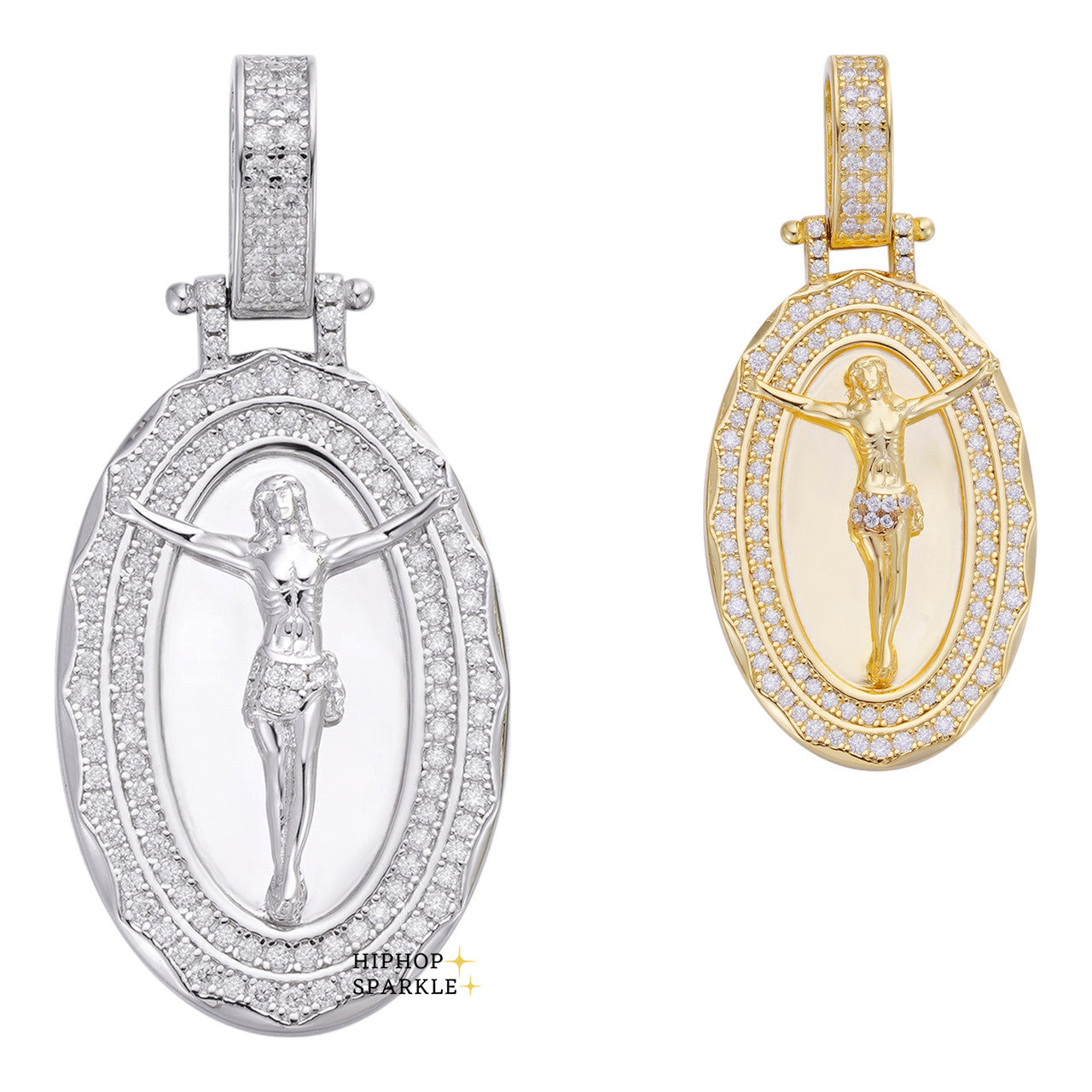 Moissanite Iced Jesus Oval Medallion Pendant - 14k Yellow Gold Vermeil or 925 Silver