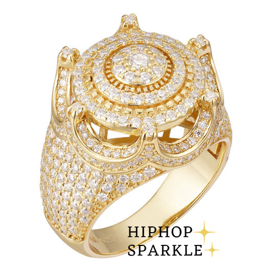 Glamorous Moissanite Diamond King Crown Ring – Solid 14k Yellow Gold & Micropave Iced