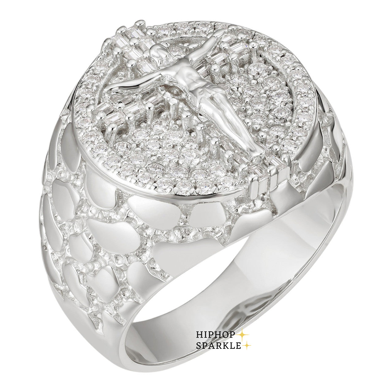 Moissanite Jesus Cross Nugget Ring – 925 Silver