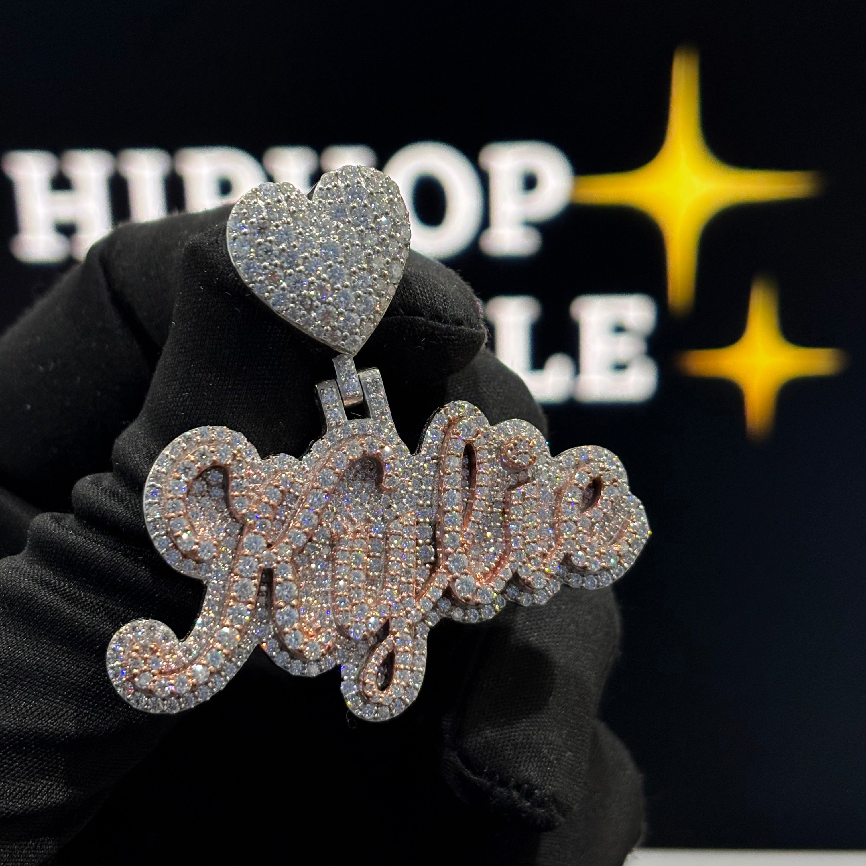 Iced Out Moissanite Name Jewelry with Heart Bail