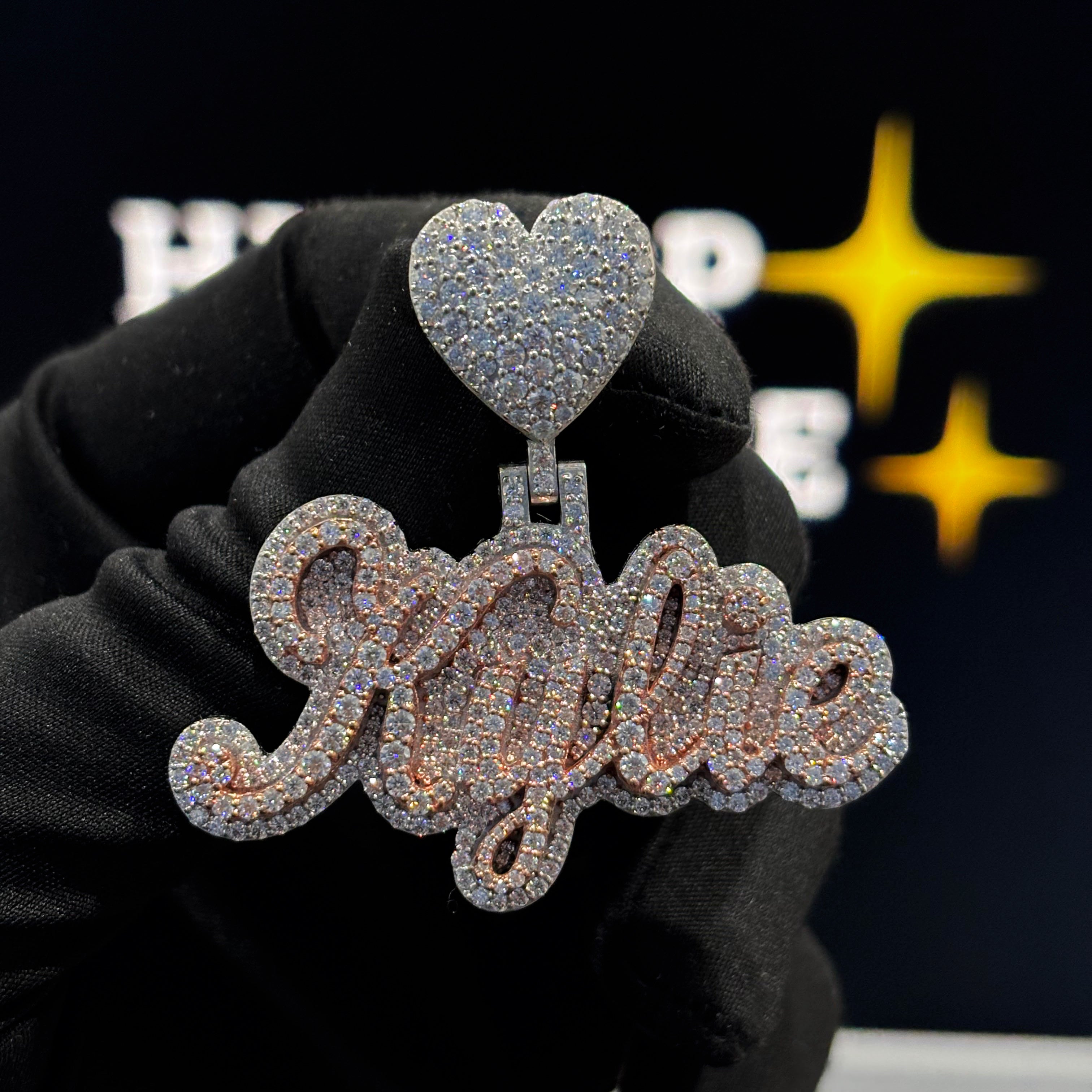 Kylie two-tone rose and white gold iced out moissanite custom name pendant with heart bail