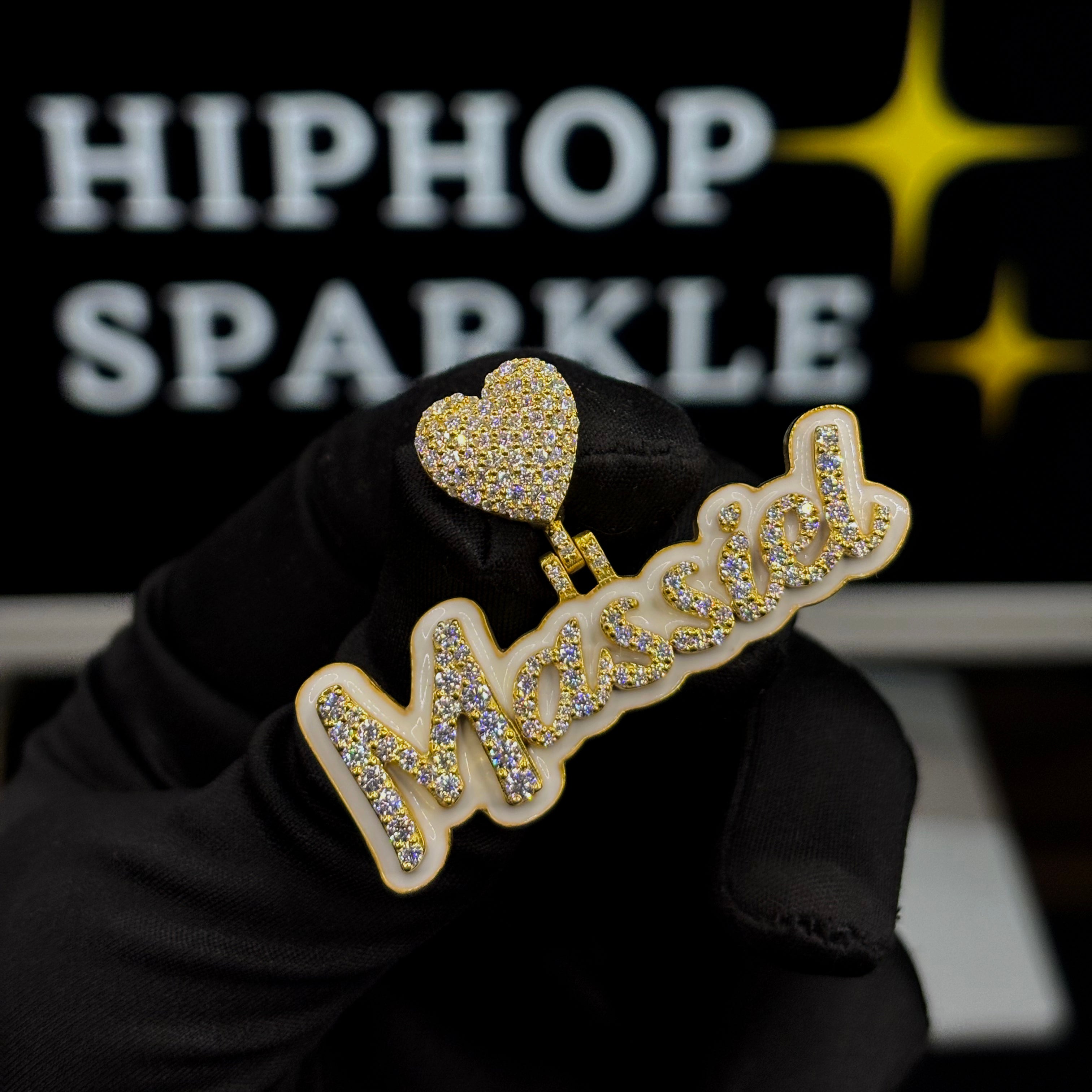 Massiel custom name pendant in 925 silver with moissanite diamonds and heart-shaped iced bail