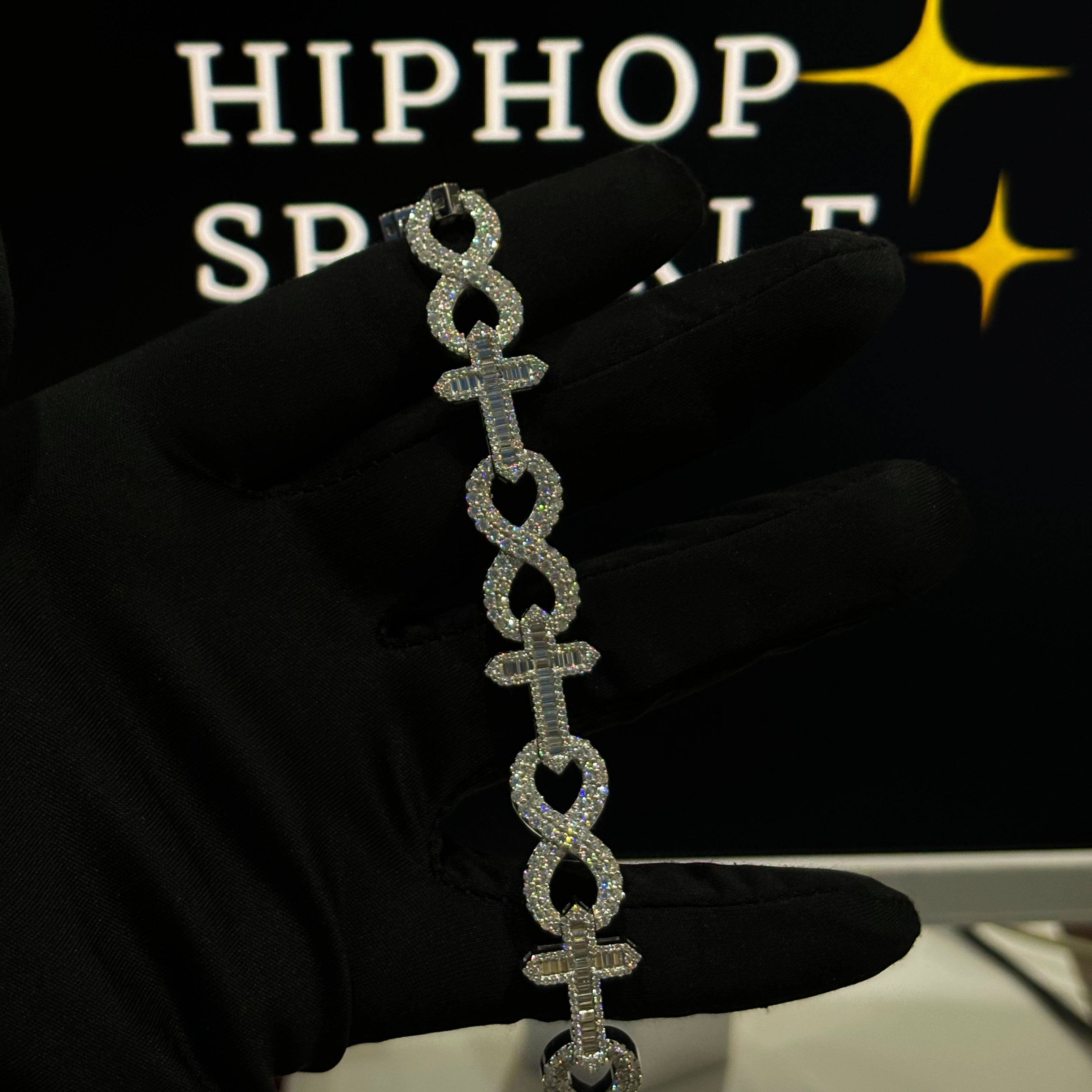 925 Silver Cross and Infinity Link Iced Out Bracelet with Moissanite Stones – Hip Hop Bling Jewelry