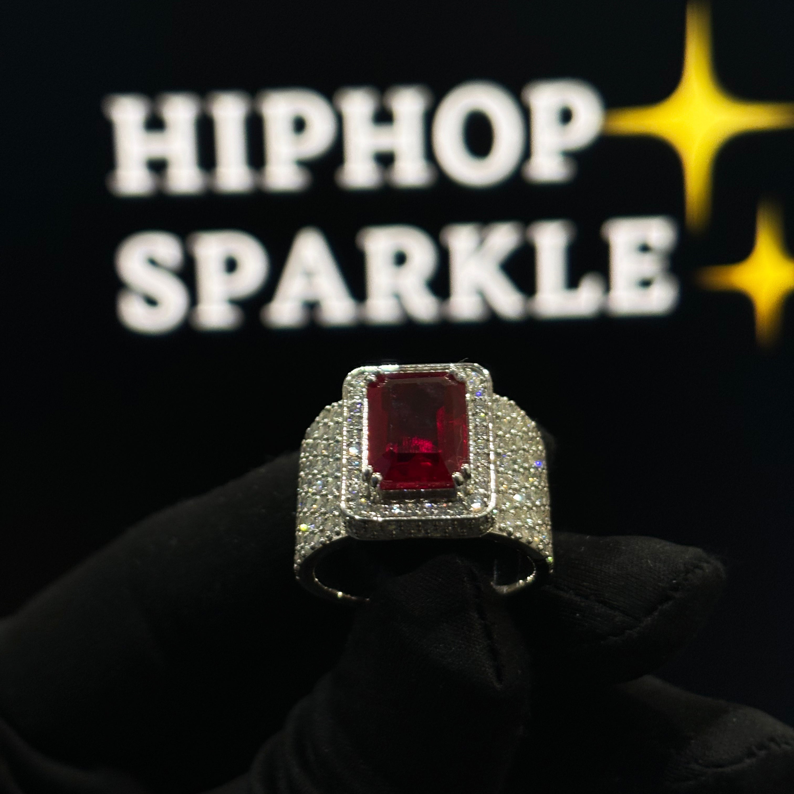Red Emerald Cut Iced Out Ring with Moissanite Diamonds – 925 Silver Hip Hop Jewelry