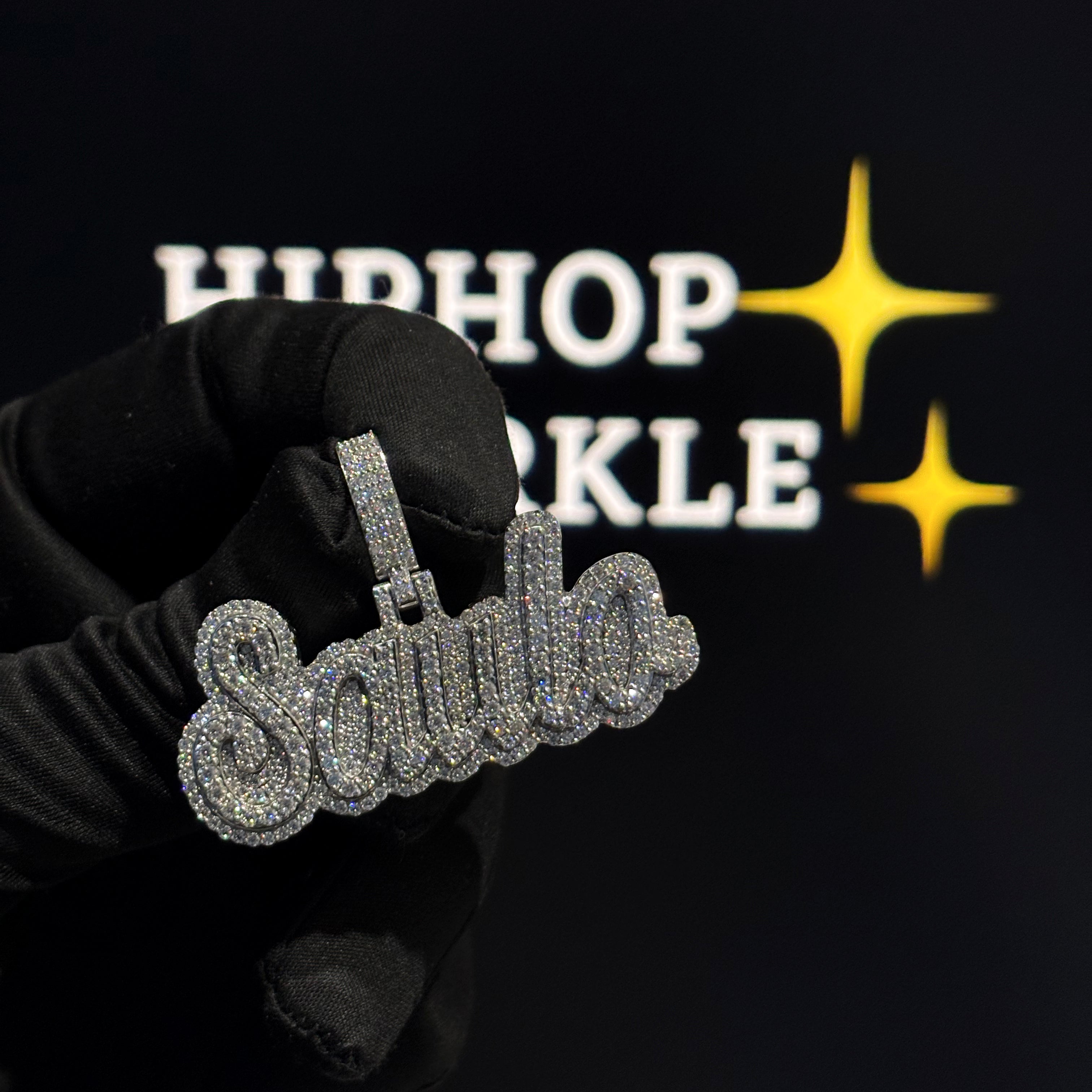 Saulo custom name pendant with moissanite diamonds on 925 silver – iced out hip hop jewelry