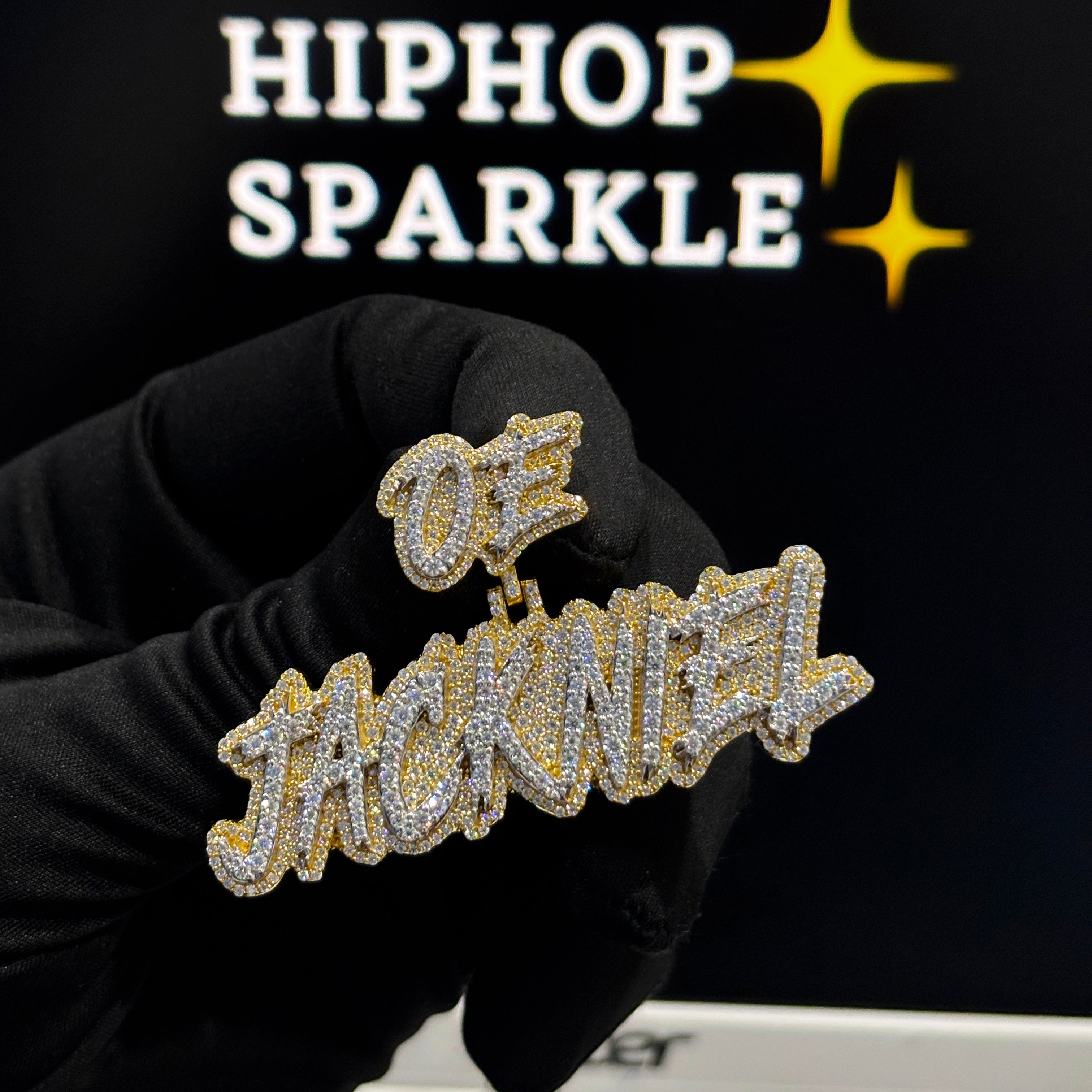 Two-tone white and yellow gold OE JACKNEL custom name pendant iced with moissanite stones – Hip Hop Sparkle