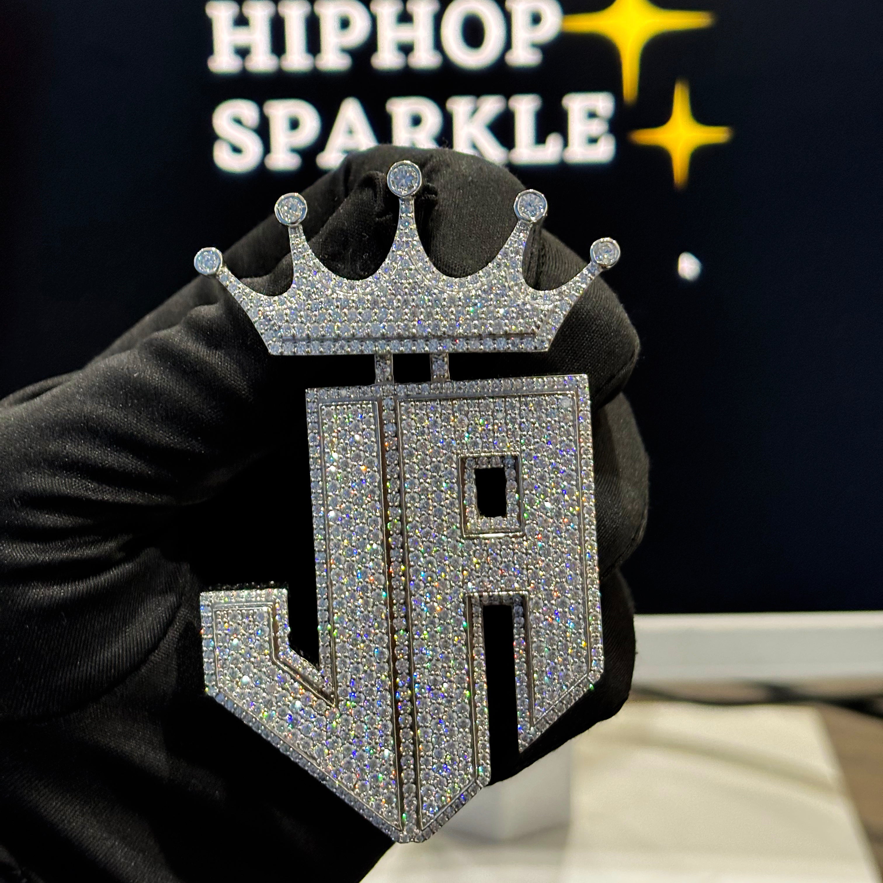JA custom logo pendant with crown, fully iced with moissanite stones on 925 silver – Hip Hop Sparkle