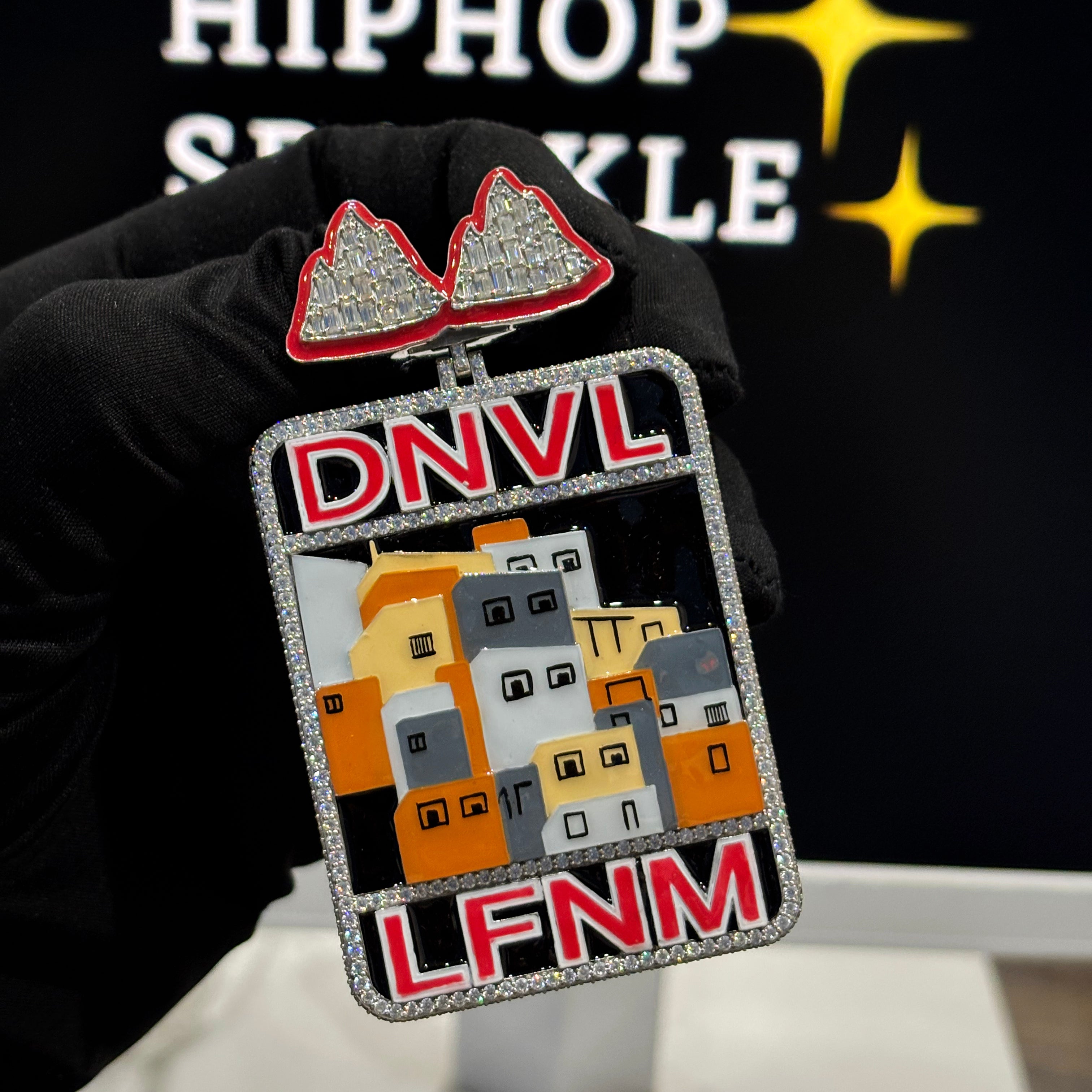 DNVL LFNM custom pendant with night-glowing mina enamel, moissanite stones, and cityscape artwork – Hip Hop Sparkle jewelry