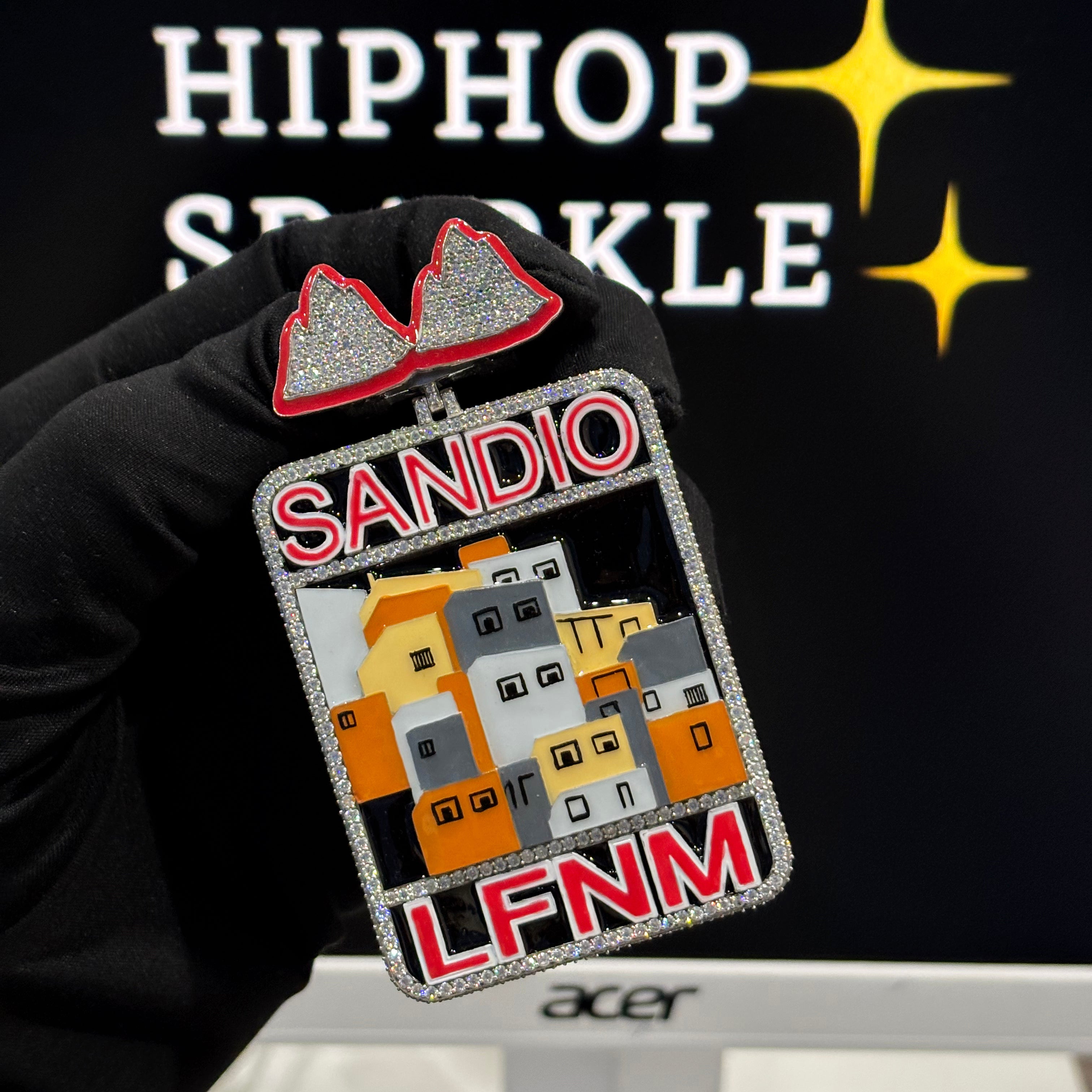 SANDIO LFNM night-glow enamel custom pendant with cityscape artwork and moissanite iced border – Hip Hop Sparkle jewelry