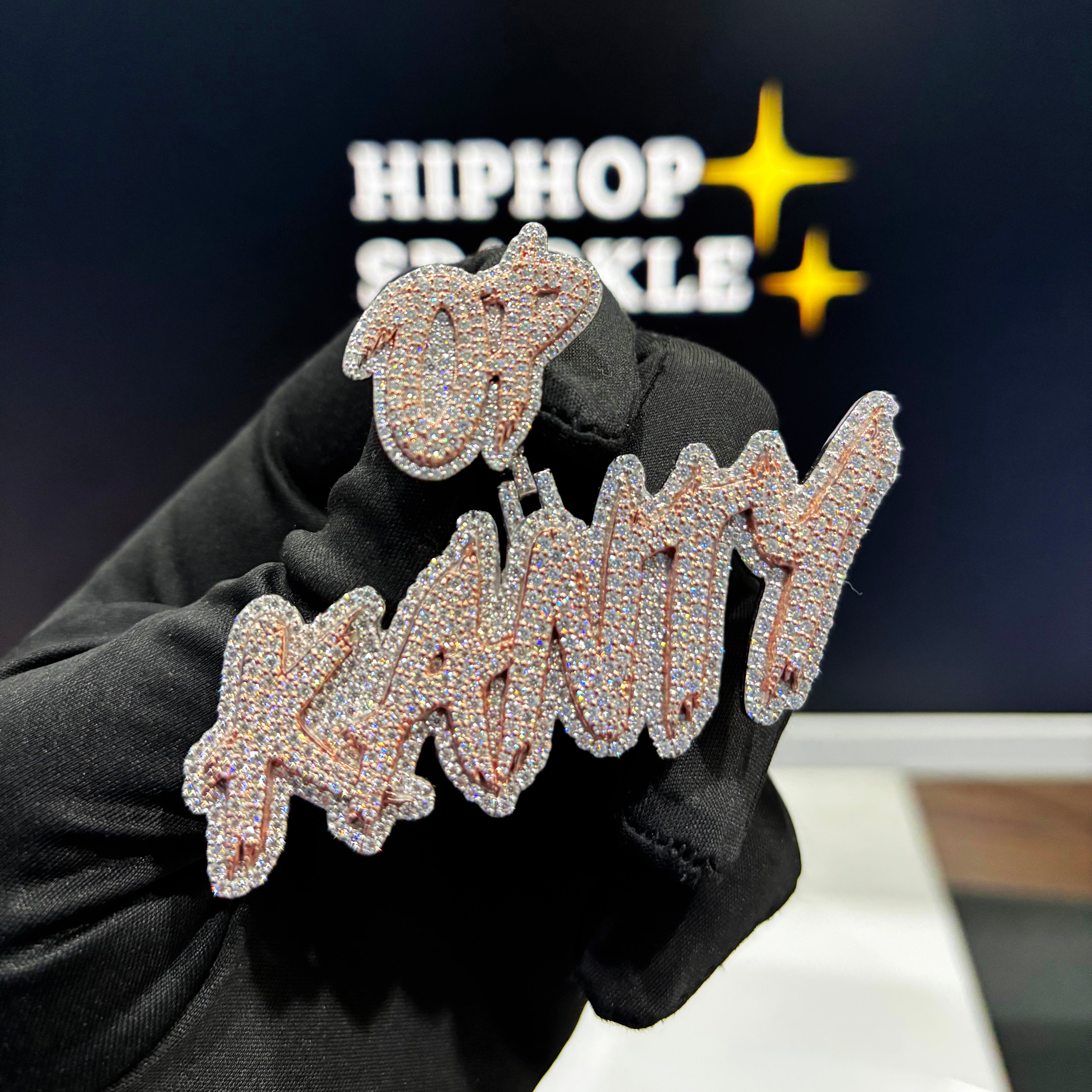 Kanty custom name pendant with OP iced bail, moissanite stones on 925 silver”