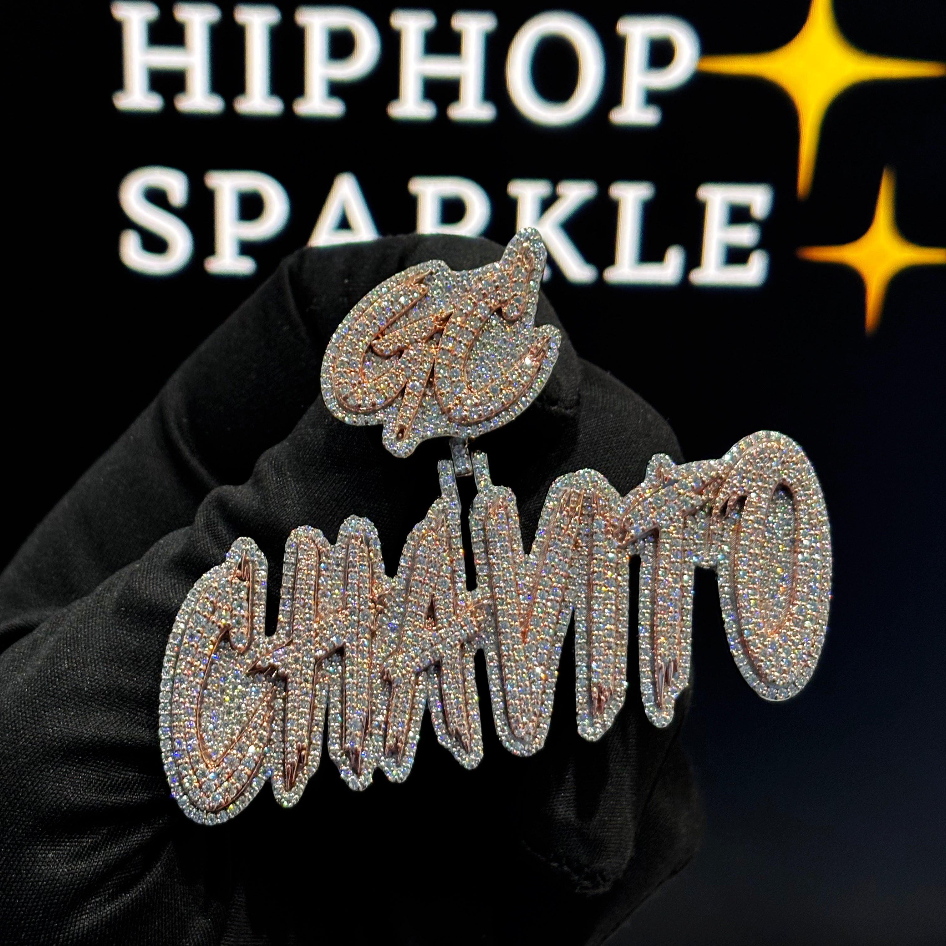 Two-tone rose and white gold Chavito custom name pendant with GC iced bail, moissanite stones, hip hop style