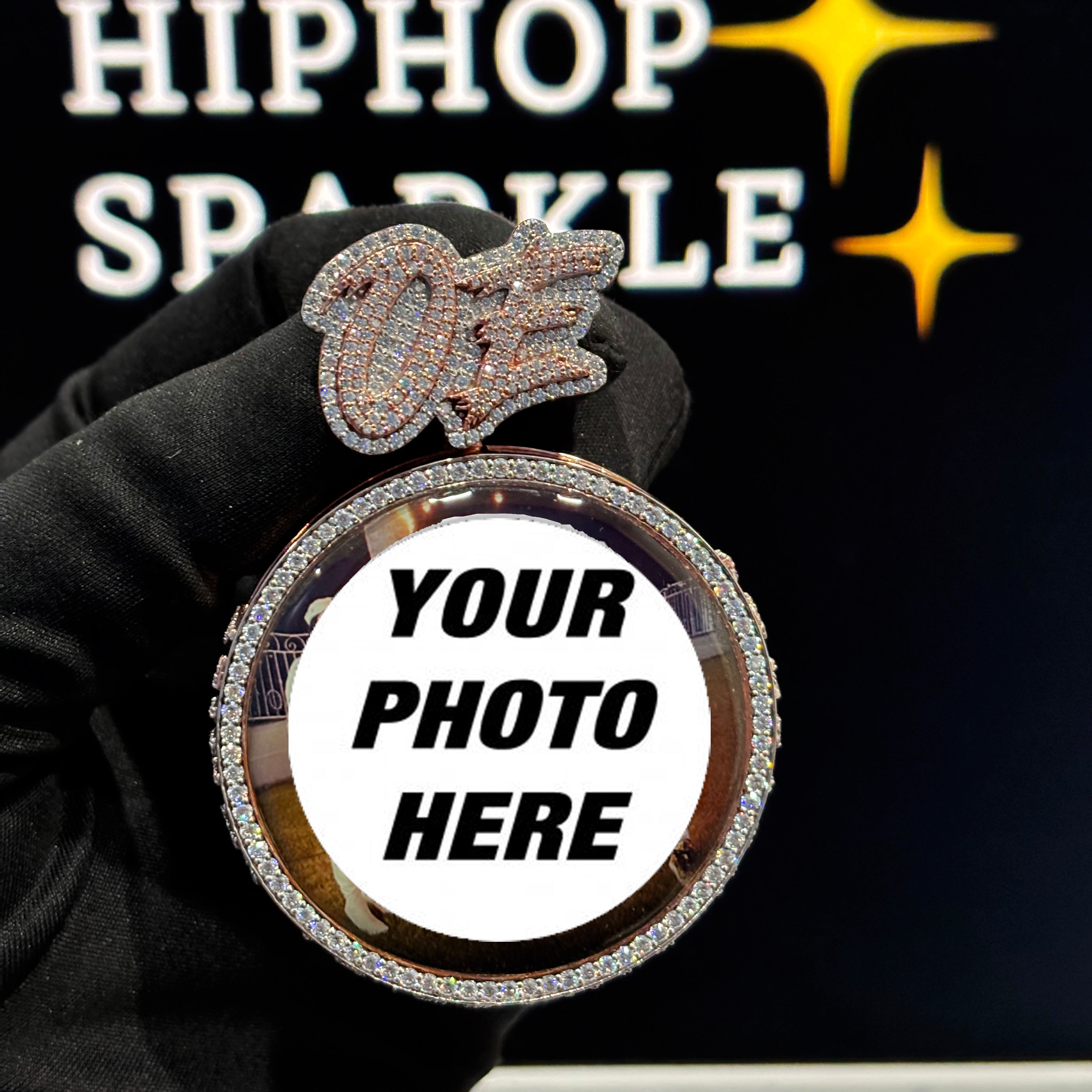 Two-side rotating custom photo pendant with OE bail, moissanite diamonds, and FOREVER UNITED statement on edge – Hip Hop Sparkle jewelry