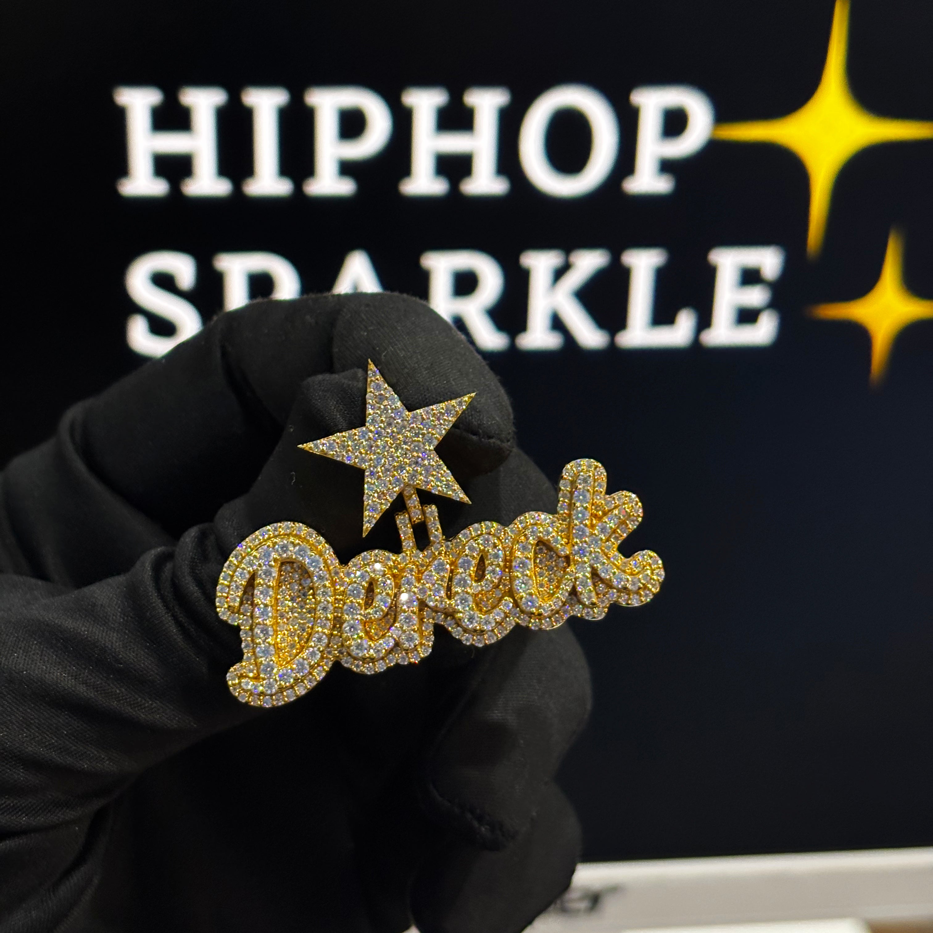 Dereck iced out pendant 2 inch, 14K gold plated custom moissanite hip hop bling jewelry Hiphop Sparkle
