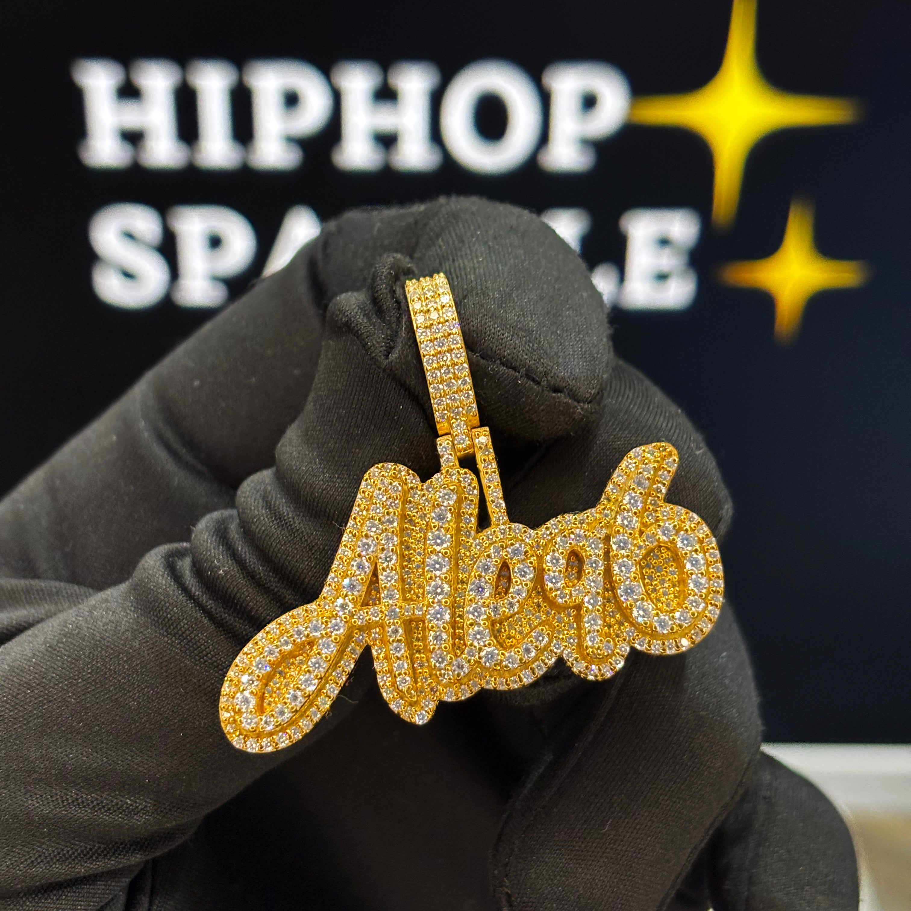 Aleq6 personalized pendant 1.90 inch, custom name jewelry in 925 silver with moissanite diamonds, iced out hip hop style
