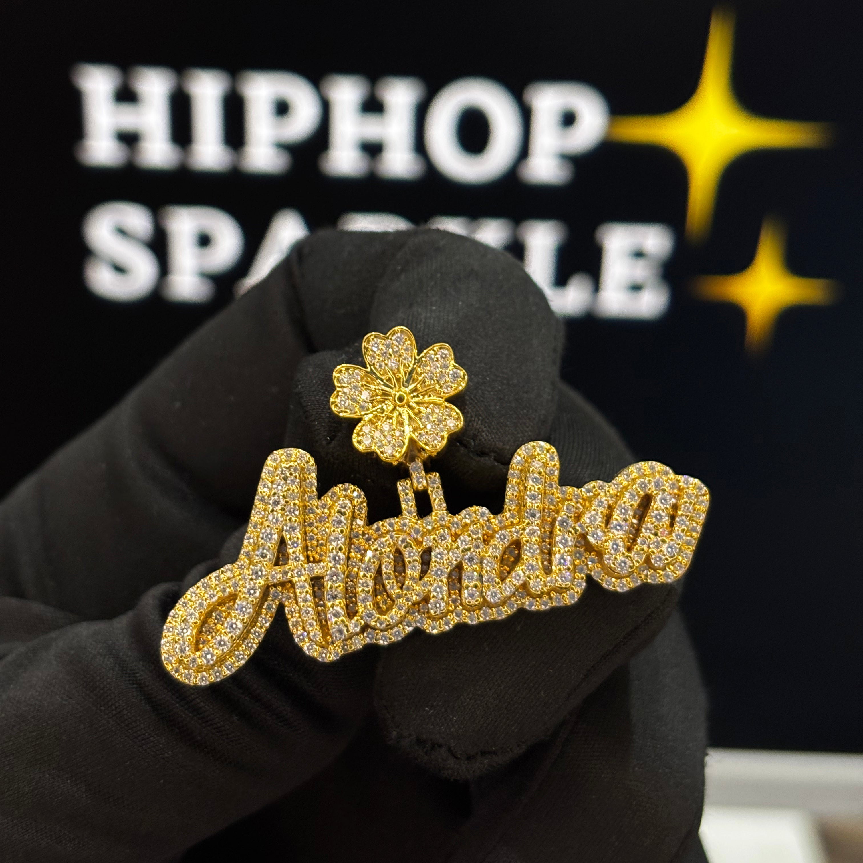 Alondra custom pendant 2 inch, iced out moissanite hip hop jewelry in 925 silver with 14K gold plated finish