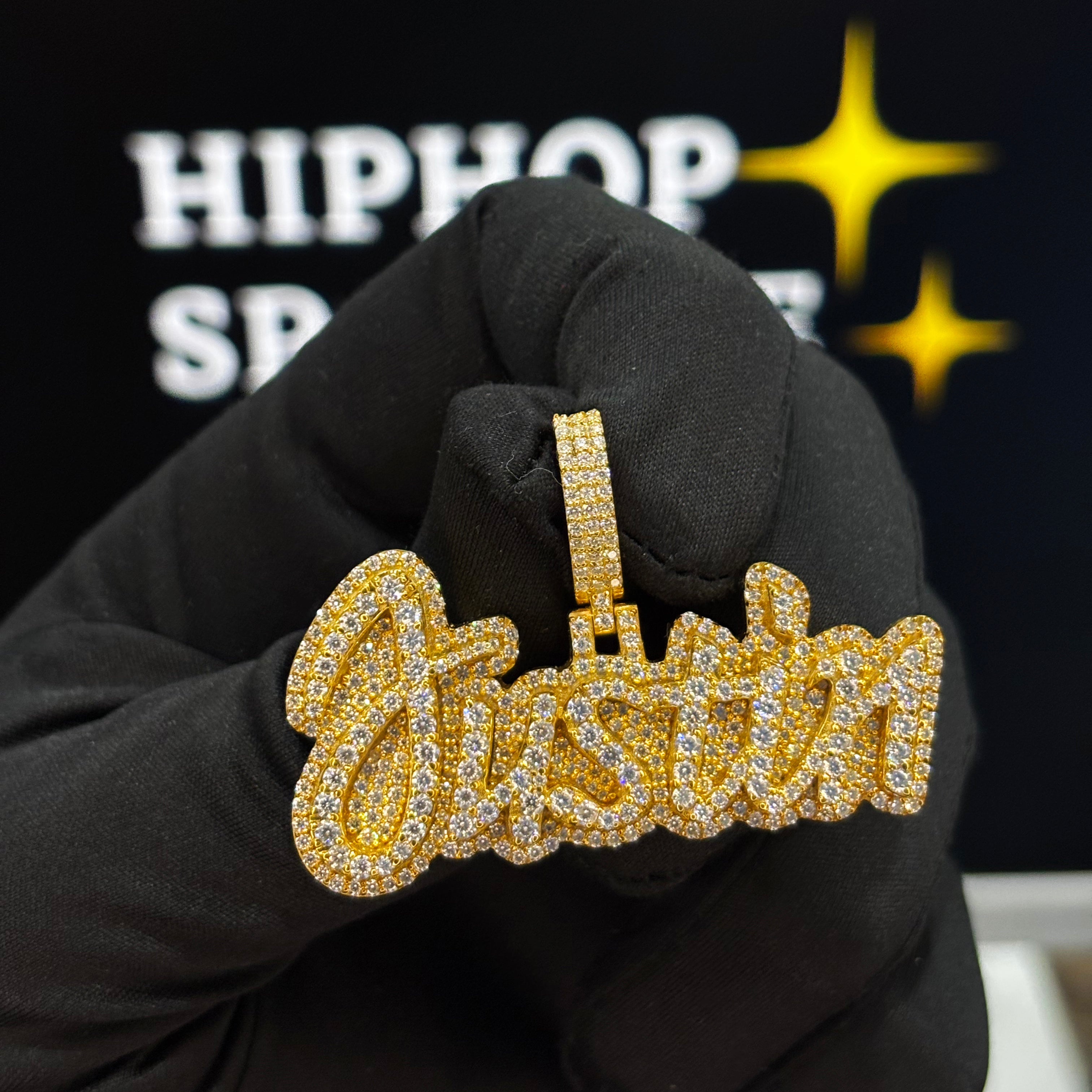 Justin name pendant 2 inch, iced out moissanite hip hop jewelry with 14K gold plated finish