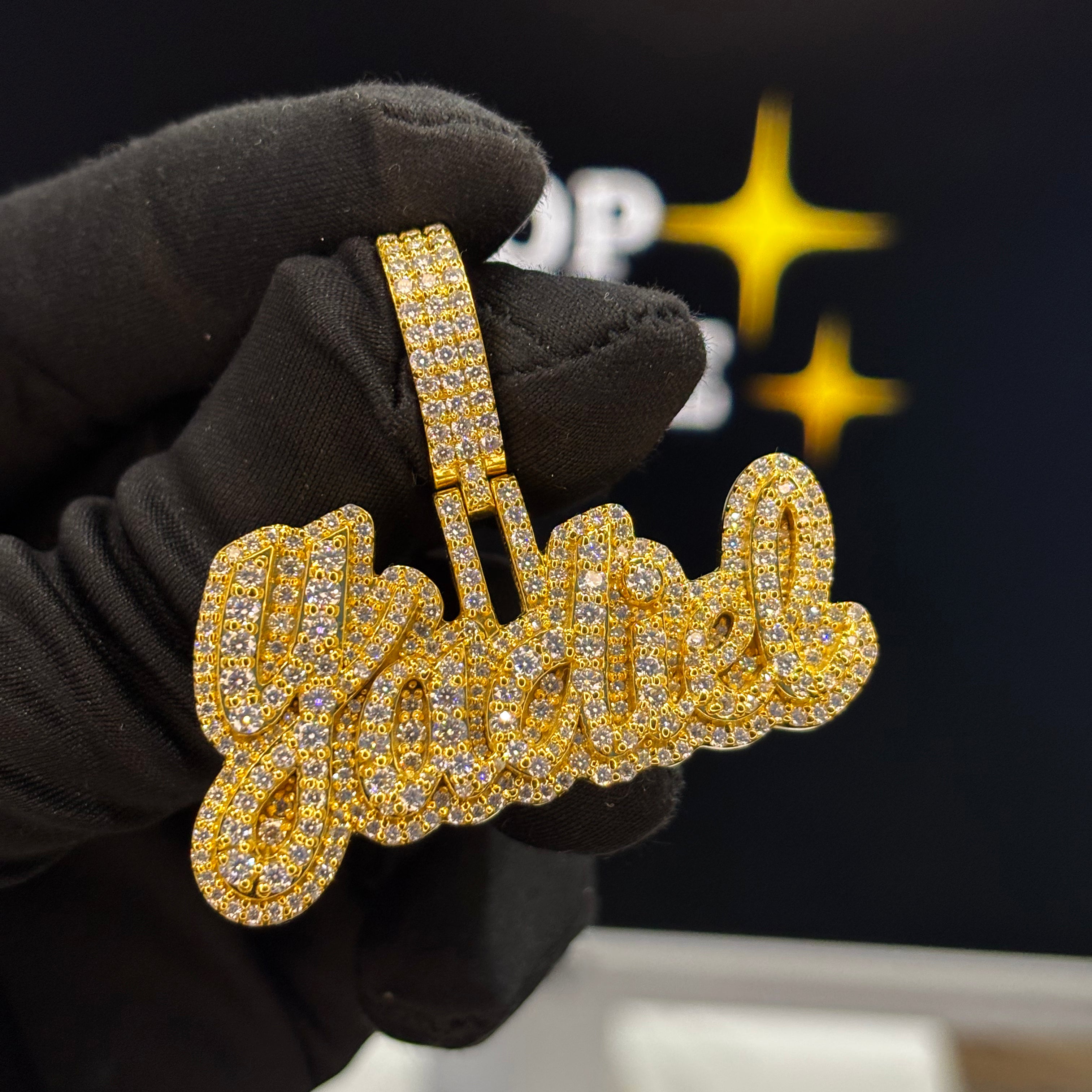 Yadiel custom name pendant 2 inch, 925 silver with 14k gold plated and moissanite stones