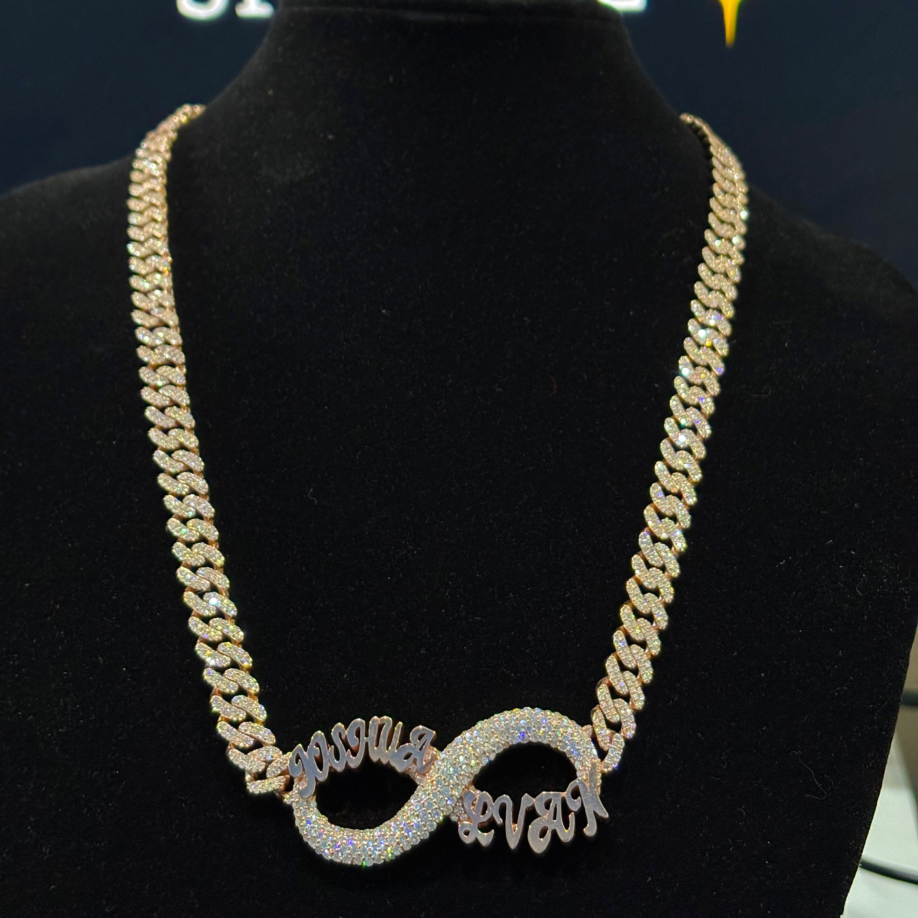Custom Infinity Name Pendant with Cuban Chain – Two-Tone Iced Moissanite Necklace
