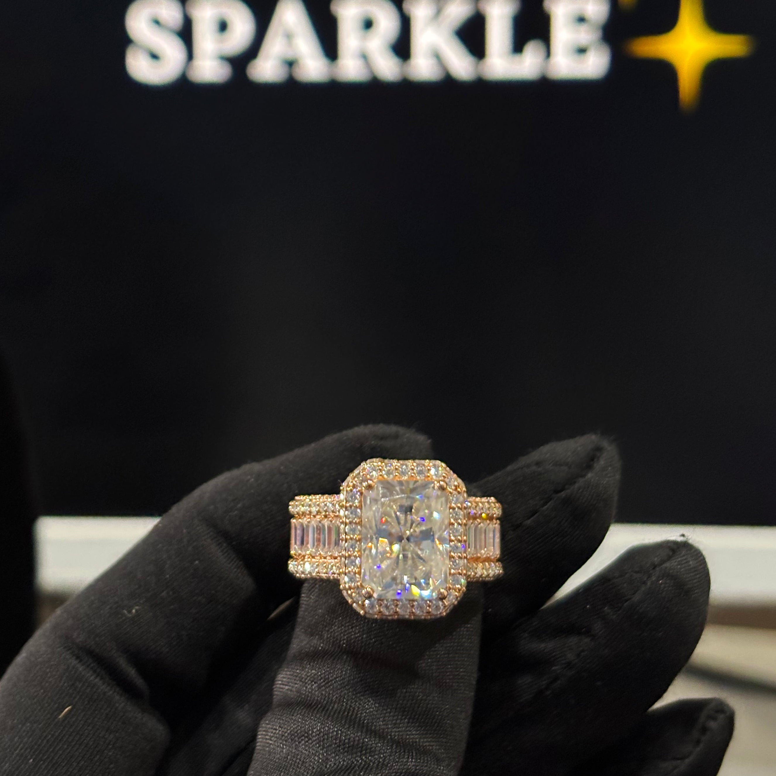 Radiant Cut Iced Out Moissanite Ring with Baguette Side Stones – 14K Gold Plated 925 Silver