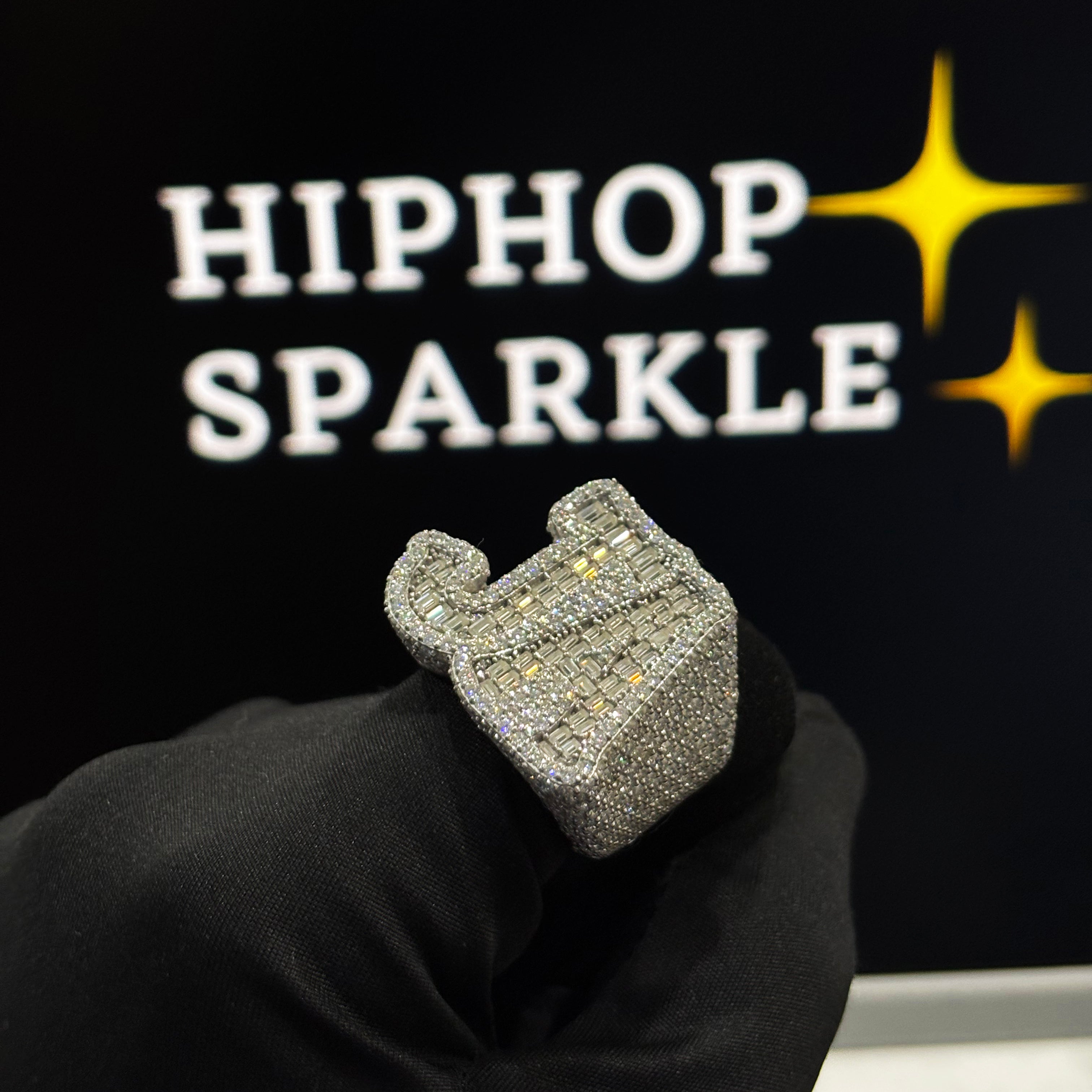 Custom JA Initials Iced Out Ring with Baguette Moissanite Diamonds – 925 Silver Hip Hop Jewelry