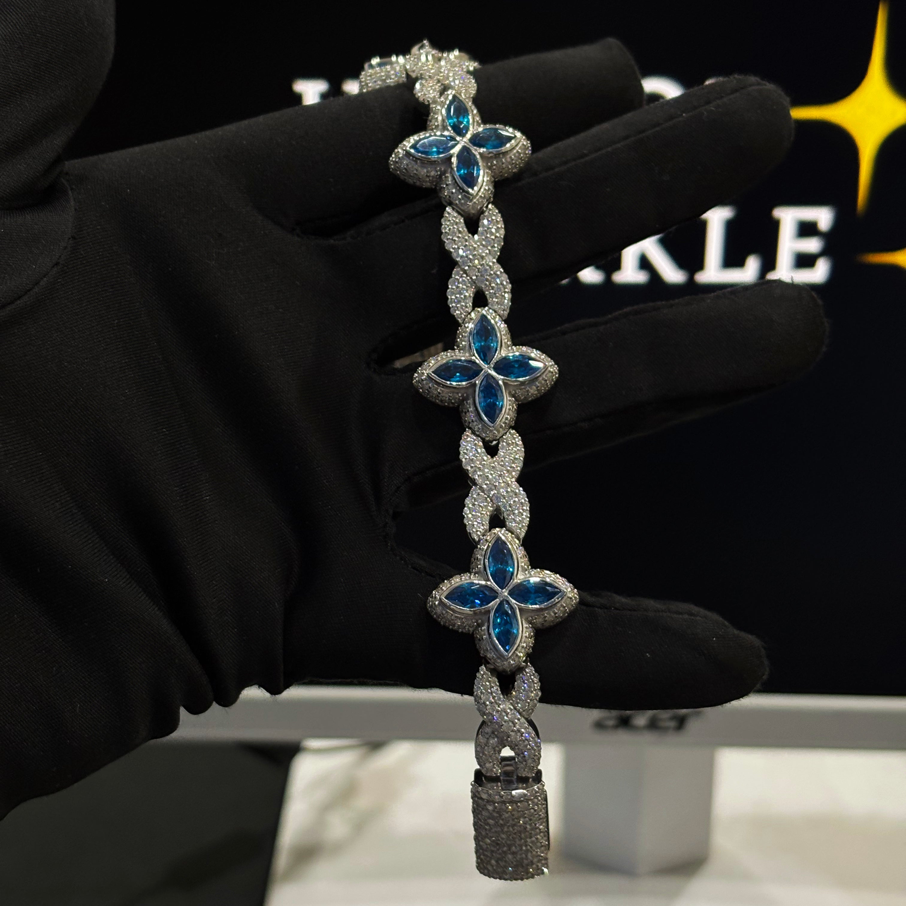 Blue Flower Iced Out Cuban Link Bracelet with Moissanite and Blue Sapphire Stones – Hip Hop Jewelry
