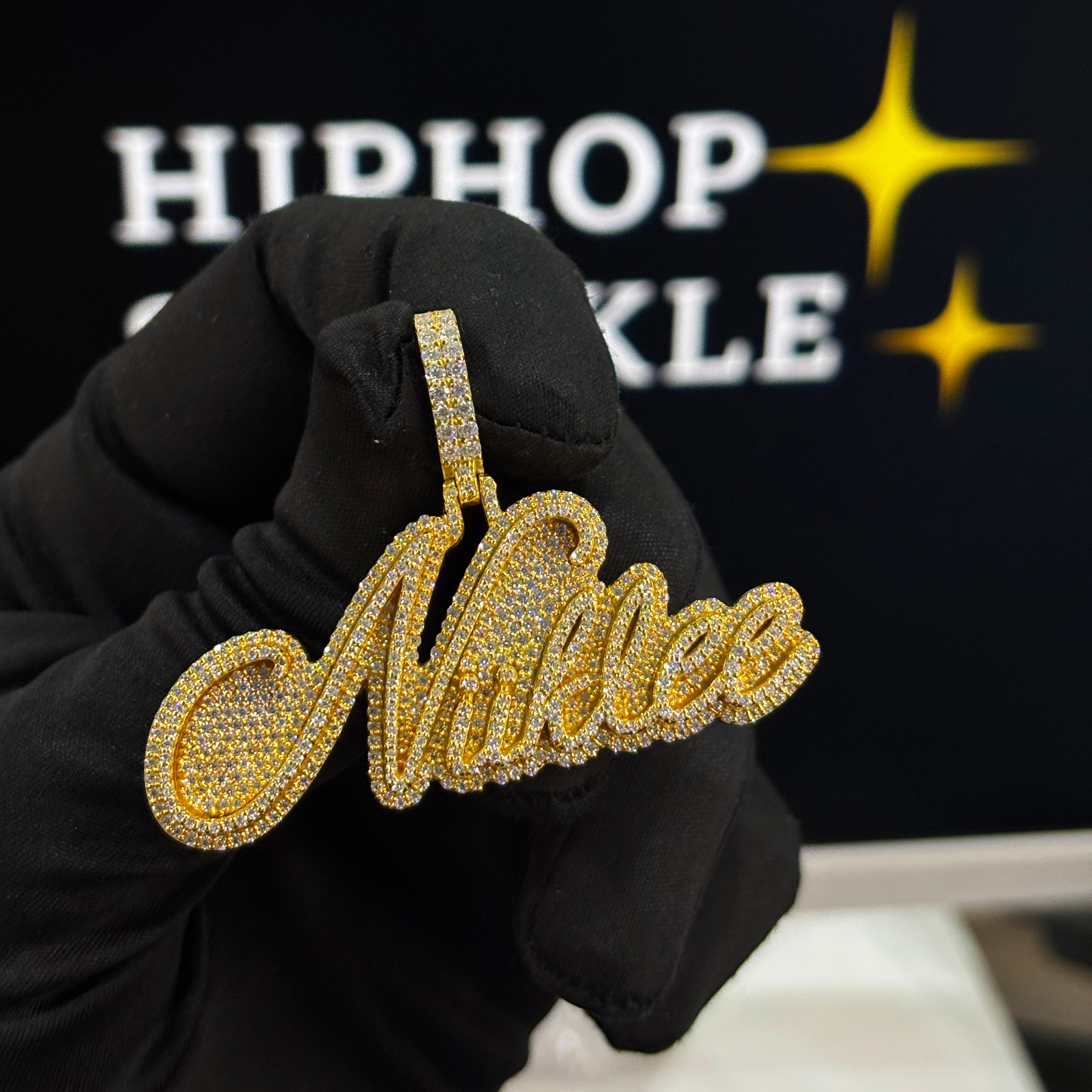 Custom Niklee name pendant iced out, 2.30 inch hip hop jewelry, personalized silver and gold bling pendant