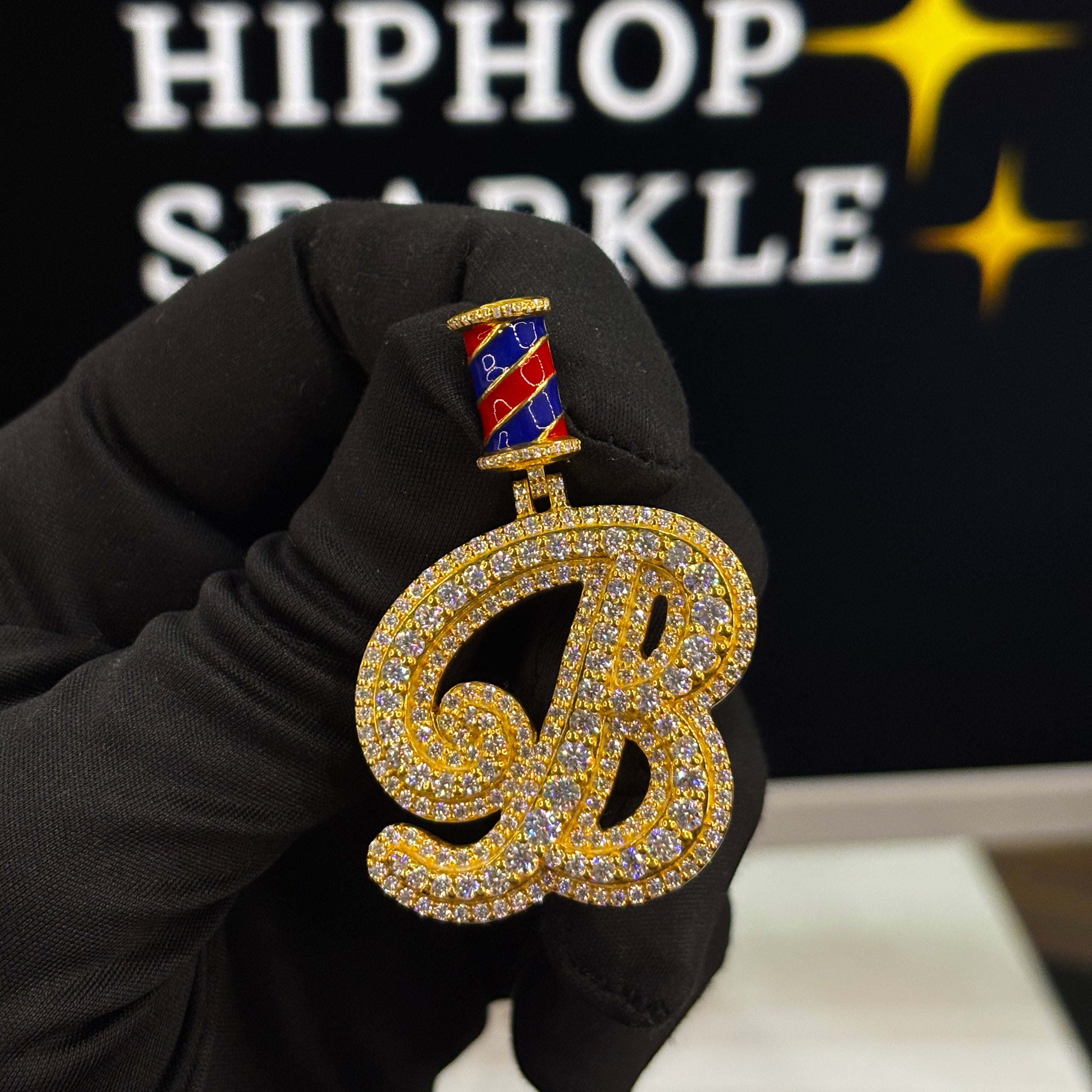 B letter pendant with custom enamel bail, iced out initial hip hop jewelry in 1.5 inch size with moissanite diamonds.