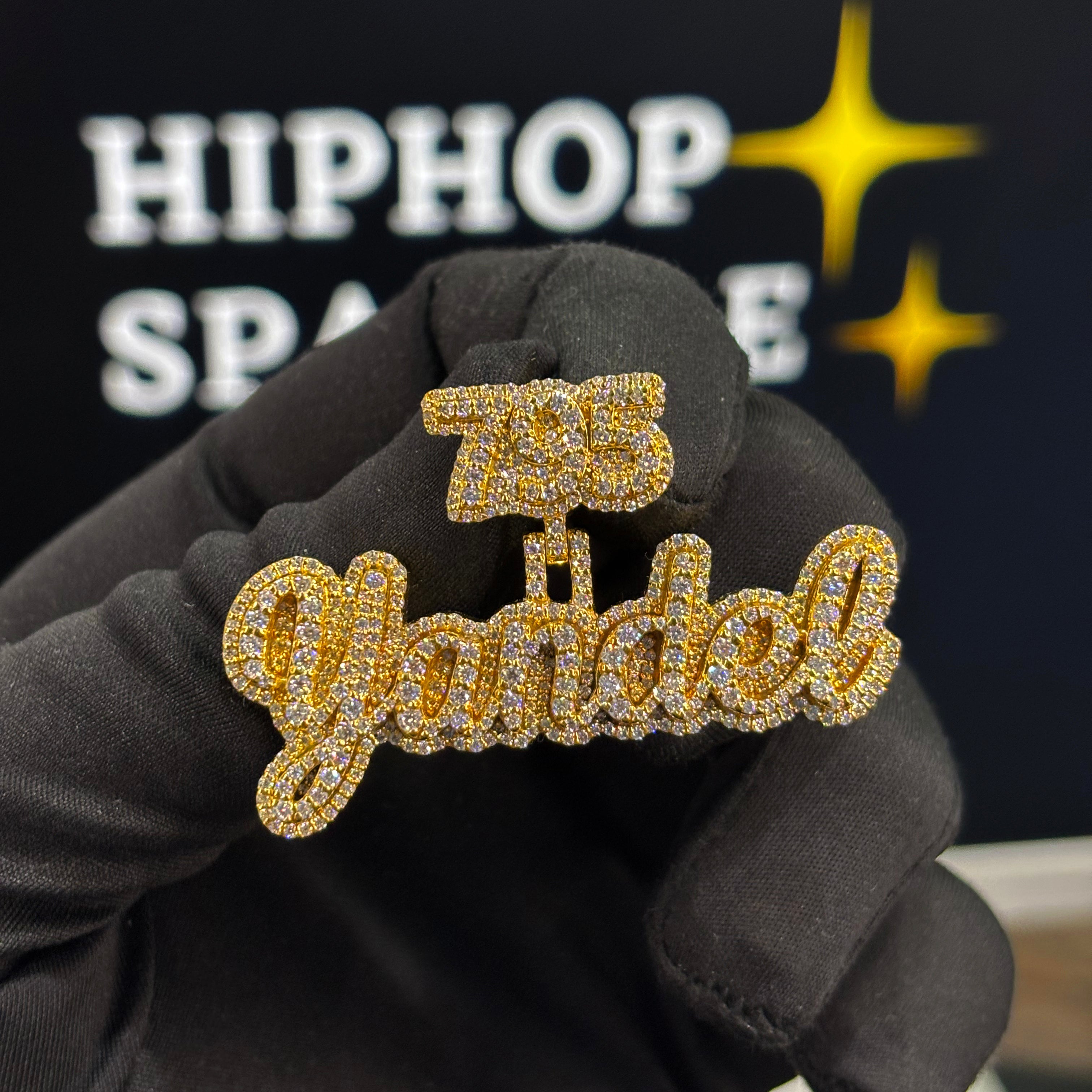 Yandel name pendant with custom 795 number bail, iced out hip hop jewelry in 2 inch size with moissanite diamonds.