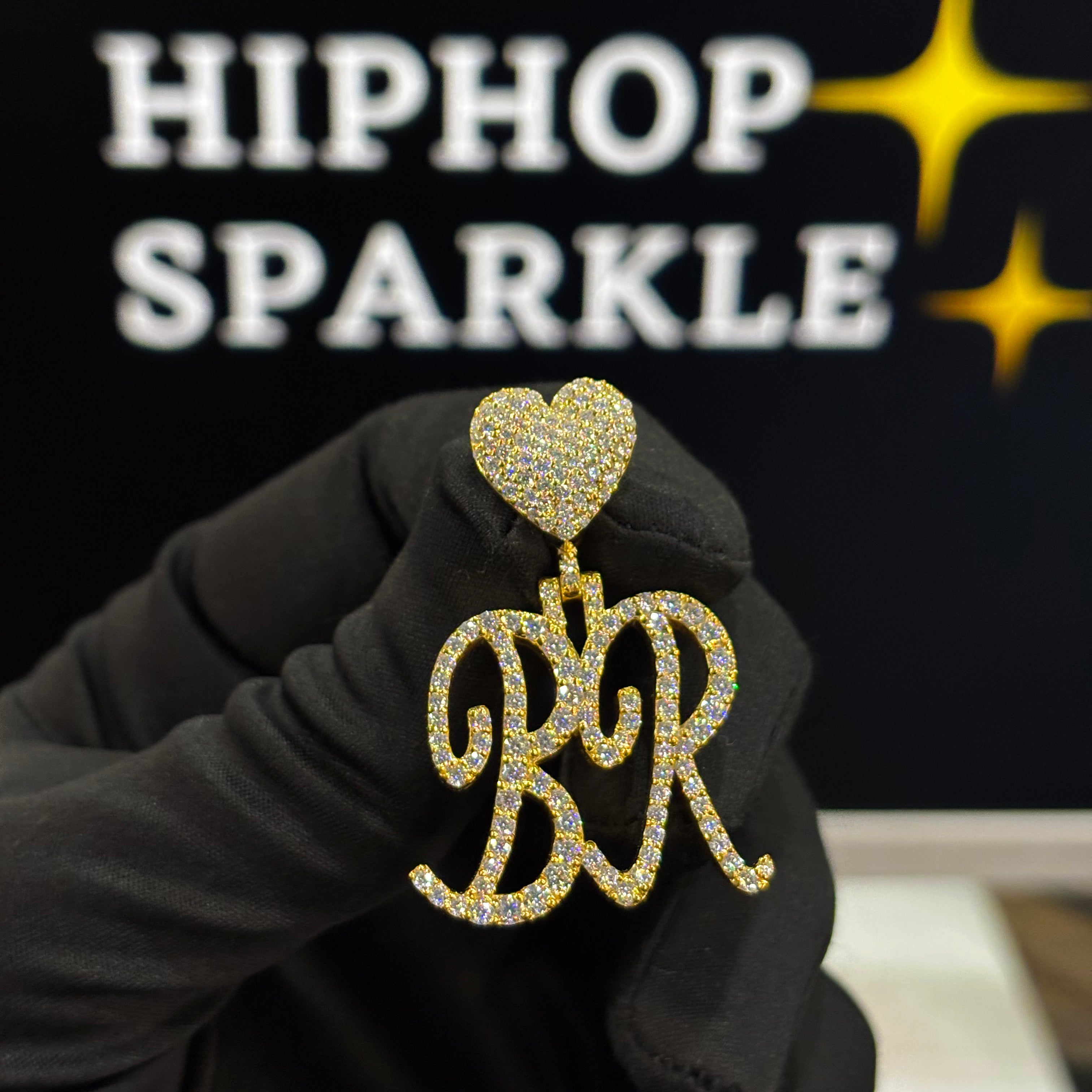 BR letter pendant with heart bail, iced out custom initial jewelry in 1.1 inch size, moissanite diamonds on silver base.