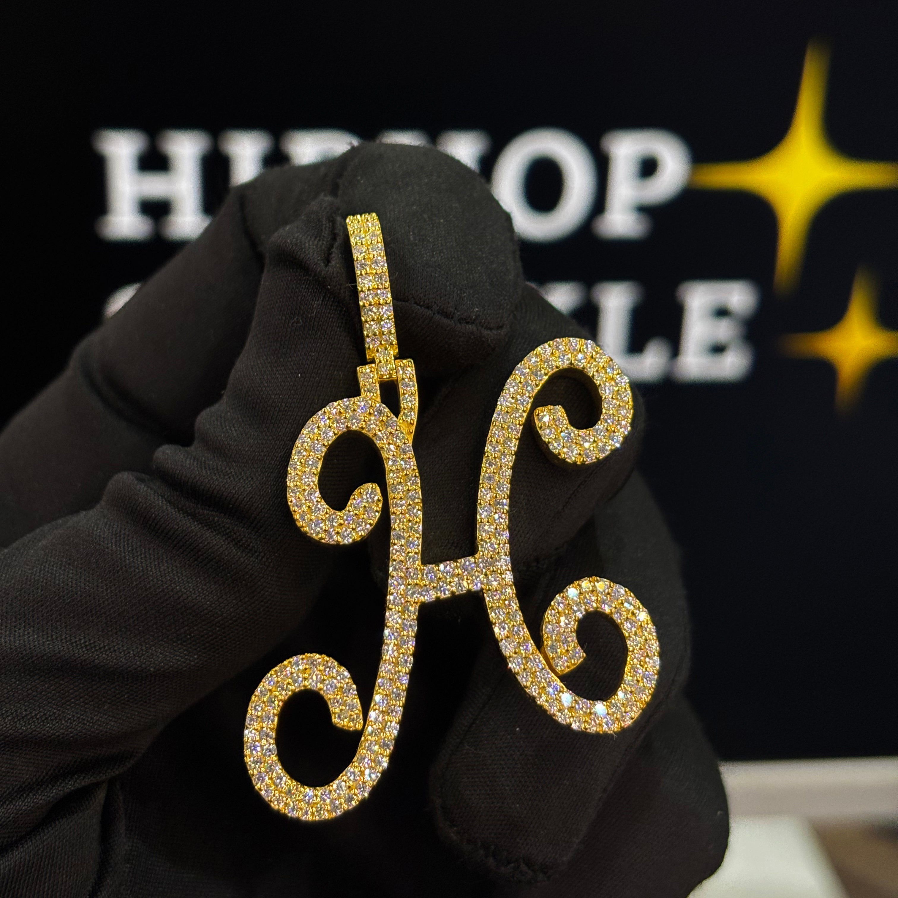 H letter pendant, single layer iced out hip hop jewelry in 1.50 x 1.65 inch size with moissanite diamonds.