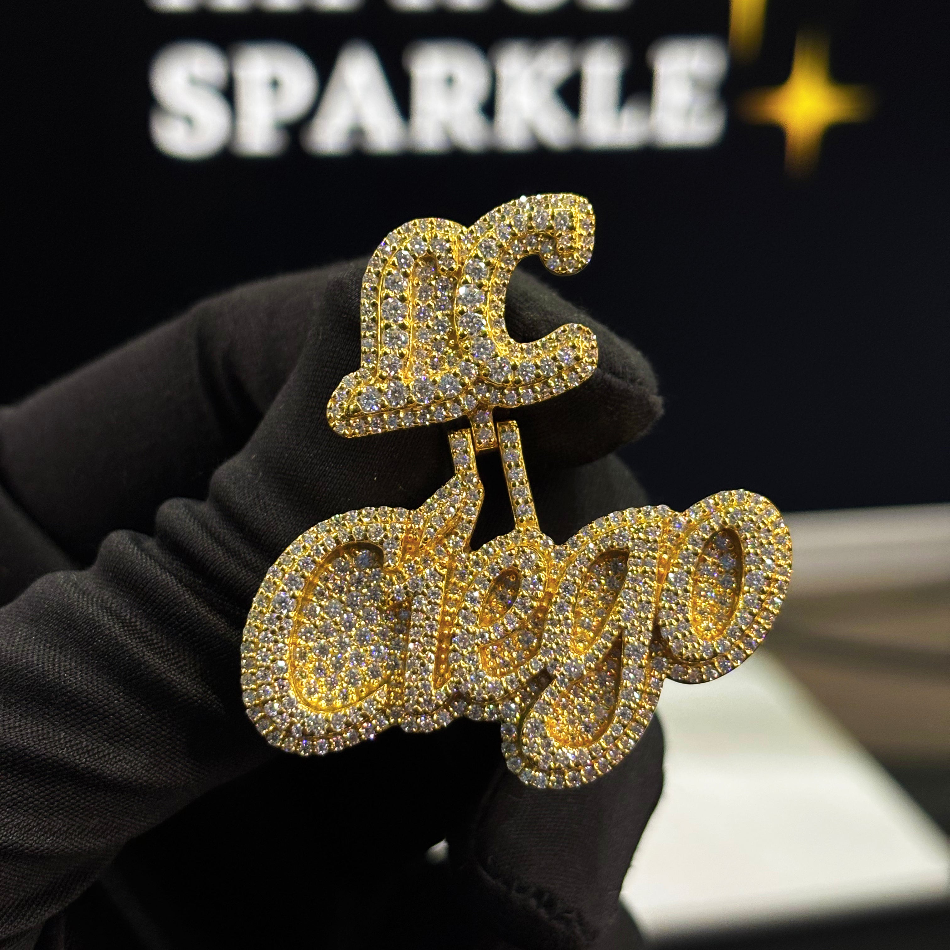 Ciego name pendant with LC letter custom bail, iced out hip hop jewelry in 1.80 inch size with moissanite diamonds.