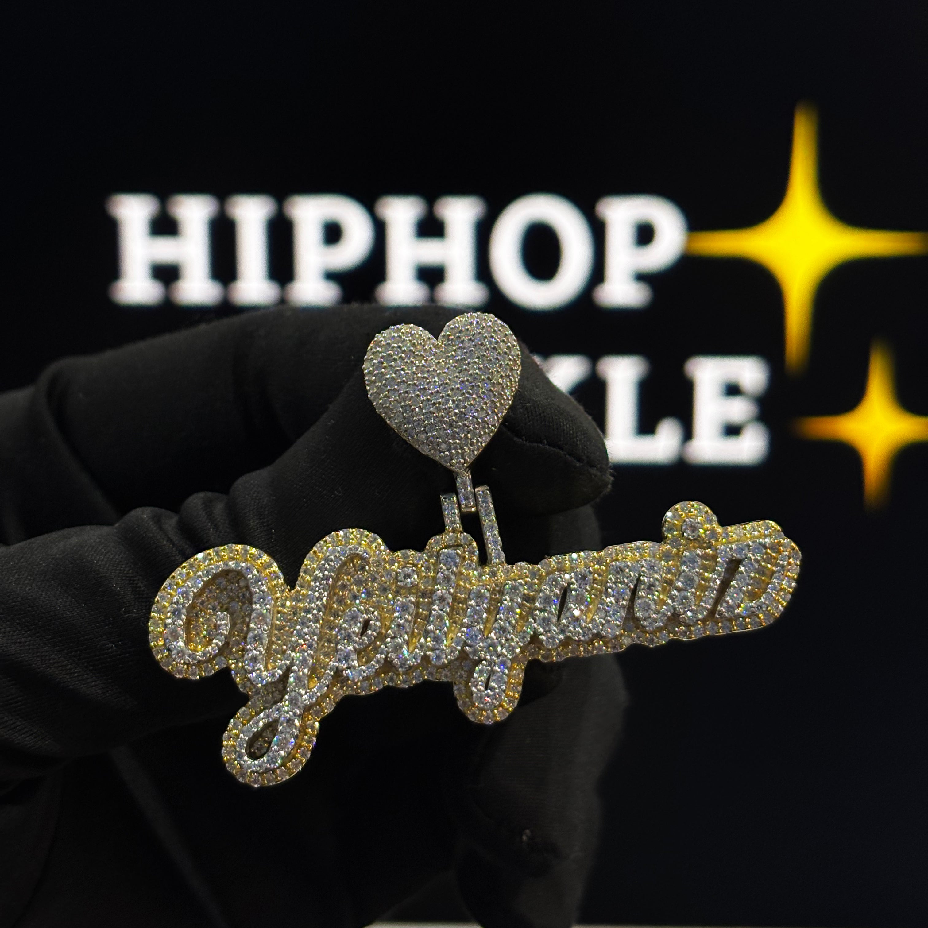 Yeilyaniz custom name pendant, 2.5 inch iced out hip hop jewelry in two tone white and yellow gold with heart shape bail.