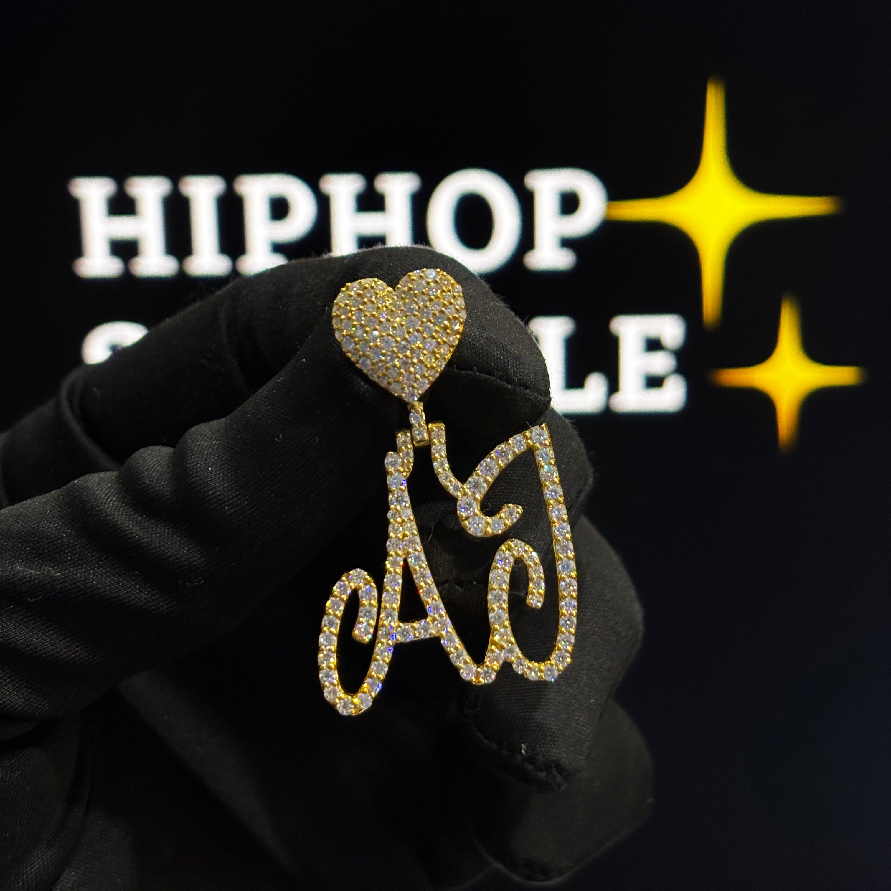 AJ single layer letter pendant, 1.1 inch iced out hip hop jewelry with heart bail in moissanite diamonds.