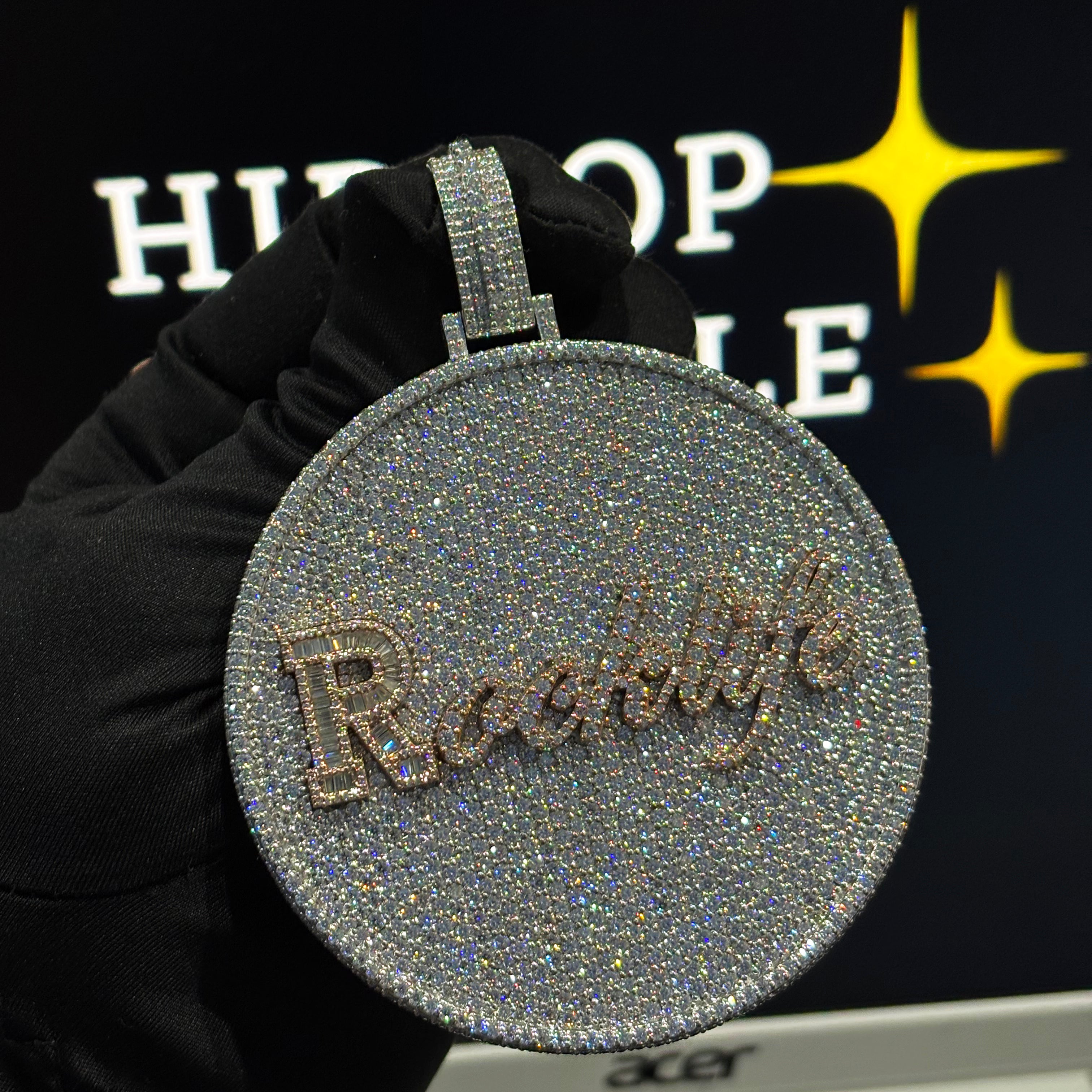 Round iced out custom pendant, 3 inch size, fully flooded with 40 carat diamonds, hip hop medallion jewelry.