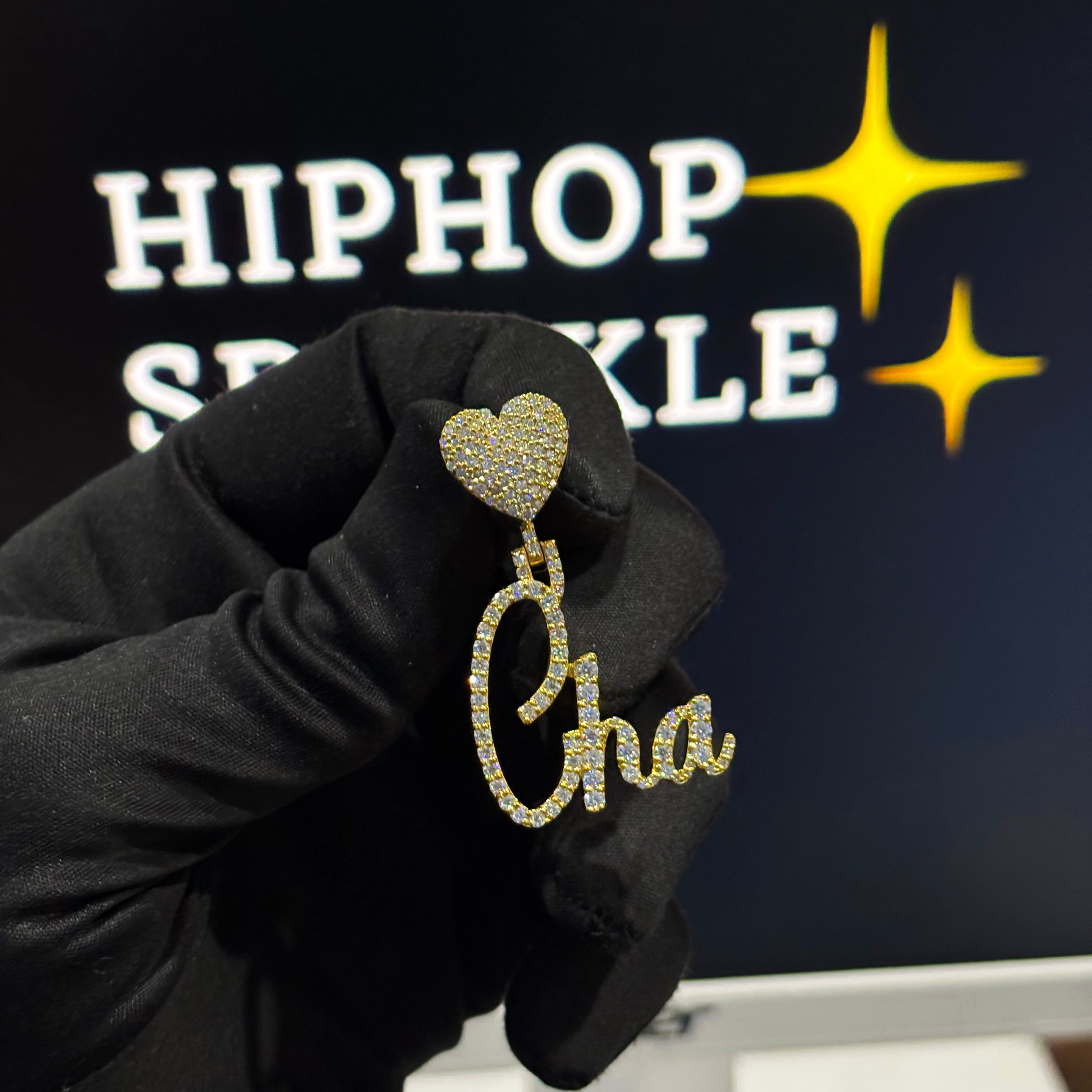 Cha single layer pendant with heart bail, 1 inch size, 925 silver and moissanite diamonds, iced out custom hip hop jewelry.