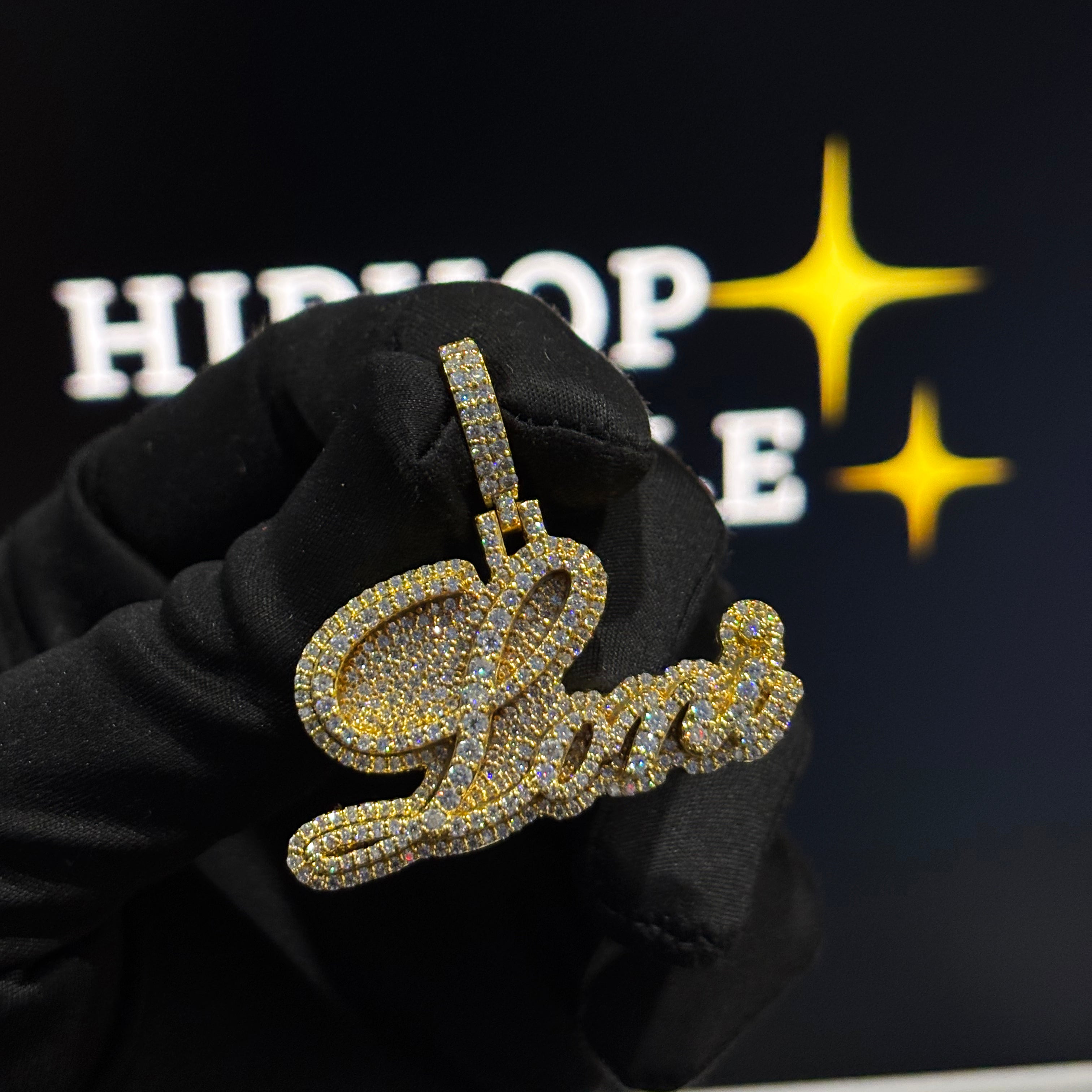 Loni custom name pendant, 2 inch iced out pendant in 925 silver with moissanite stones, personalized hip hop jewelry with gold plating.