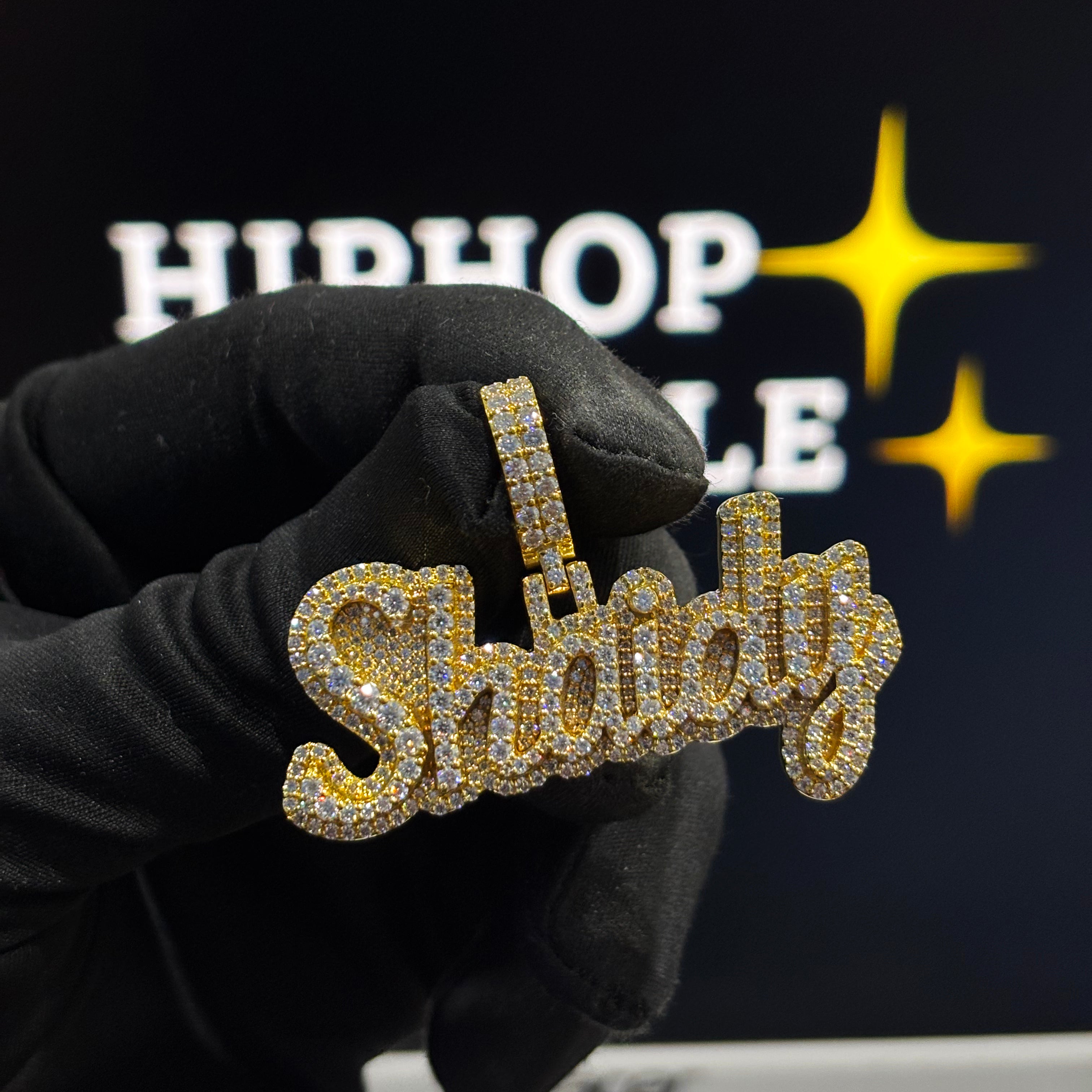 Shaidy custom name pendant, 2 inch size, 925 silver with 14K gold plating, iced out with VVS moissanite diamonds, hip hop jewelry.