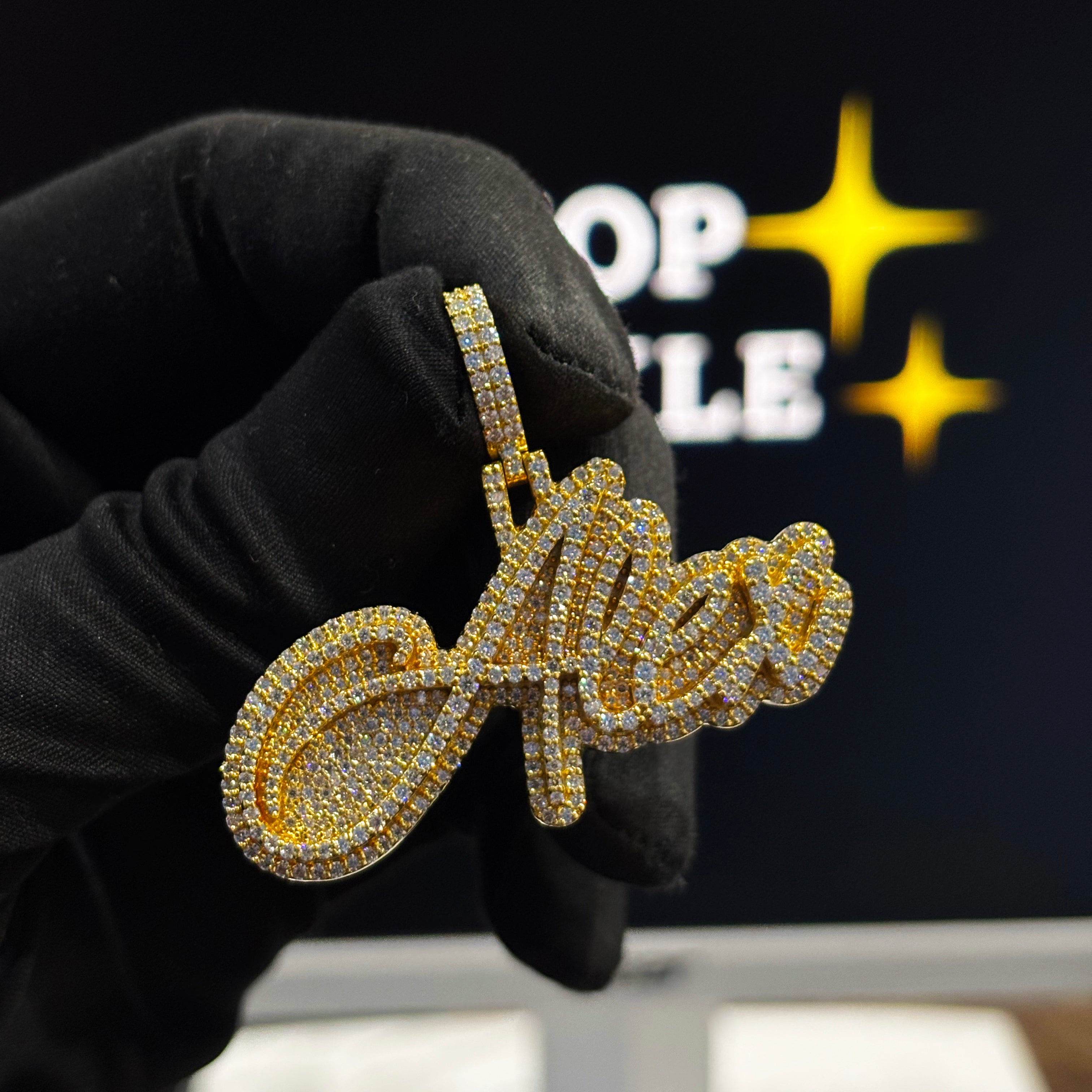 Alex custom name pendant, 2 inch size, iced out with VVS moissanite diamonds, hip hop jewelry.