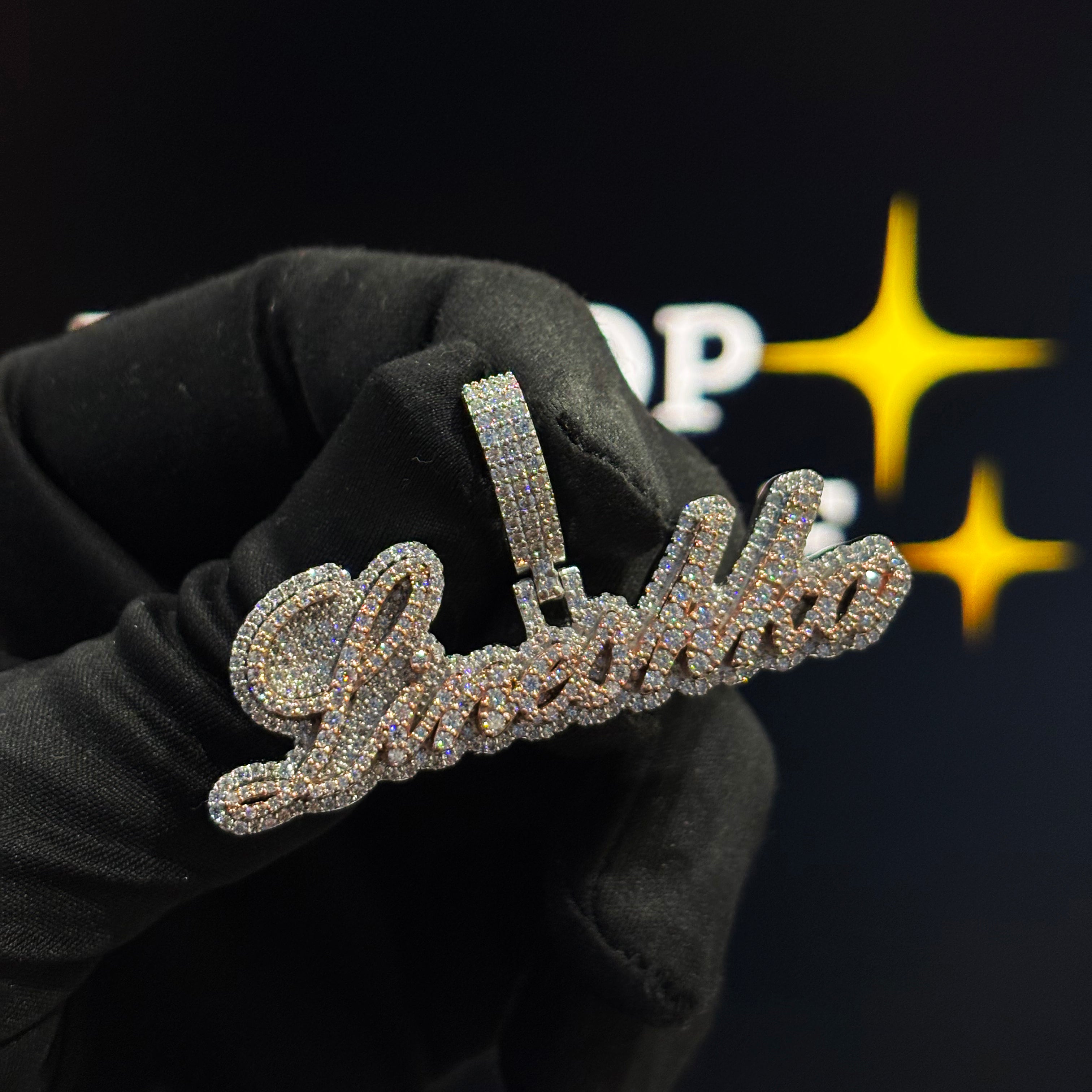Lineshka custom name pendant, 2.20 inch size, two tone rose and white, iced out with VVS moissanite diamonds, hip hop jewelry.