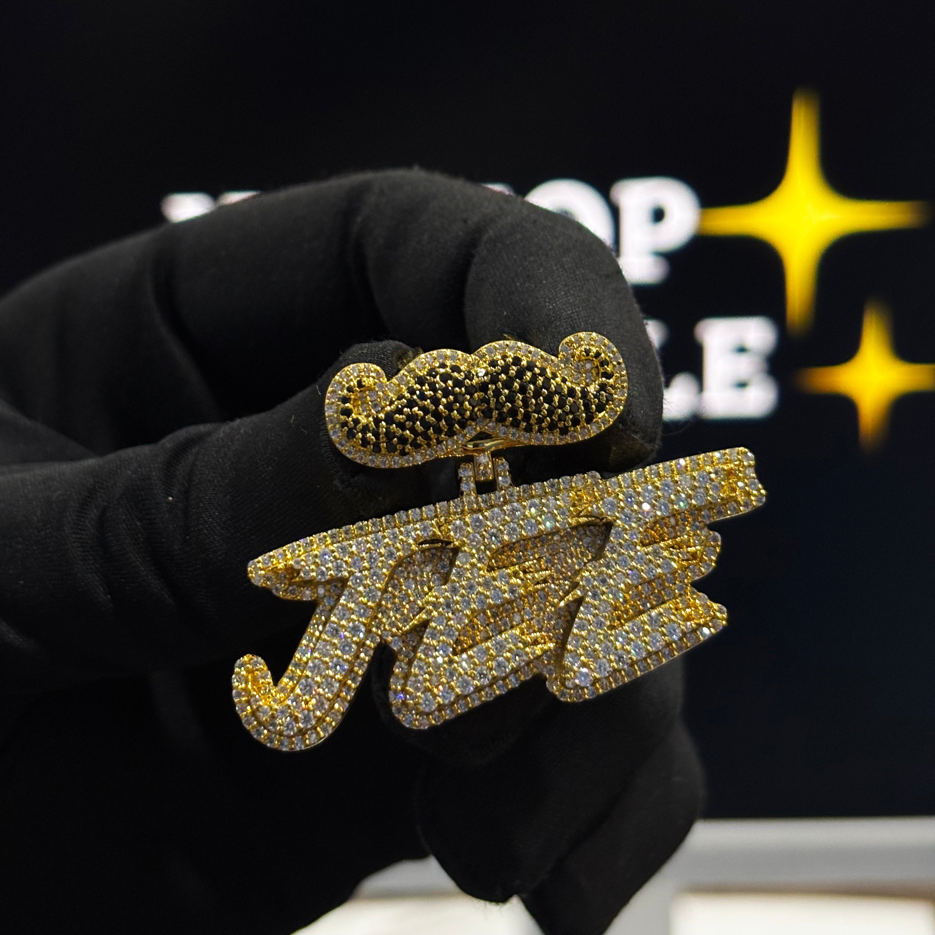 JEE custom pendant, 2 inch size, two tone yellow and white, iced with black diamonds, custom bail, engraved back hip hop jewelry.