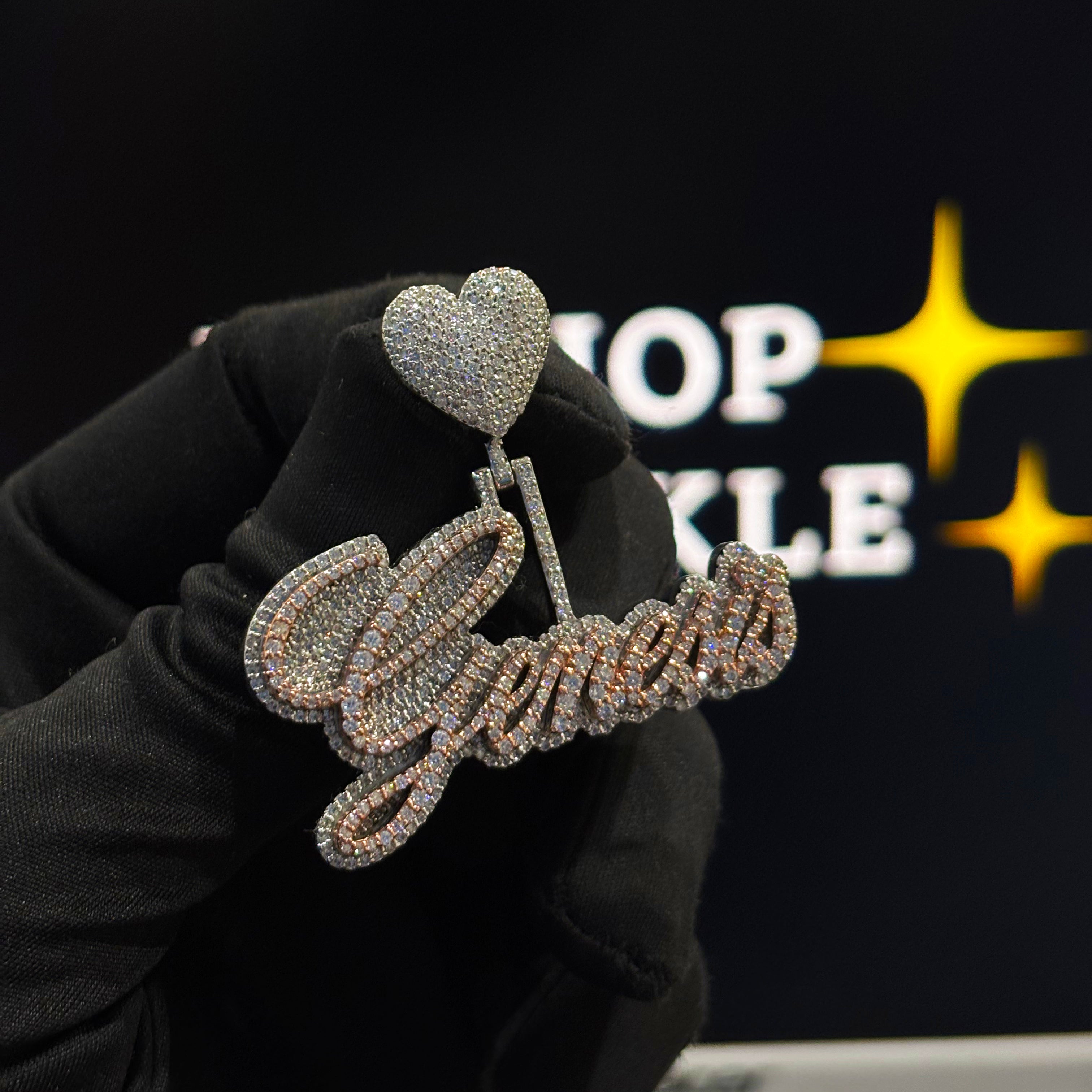 Genesis custom name pendant, 2 inch size, two tone rose and white, heart bail, iced out with VVS moissanite diamonds, hip hop jewelry.