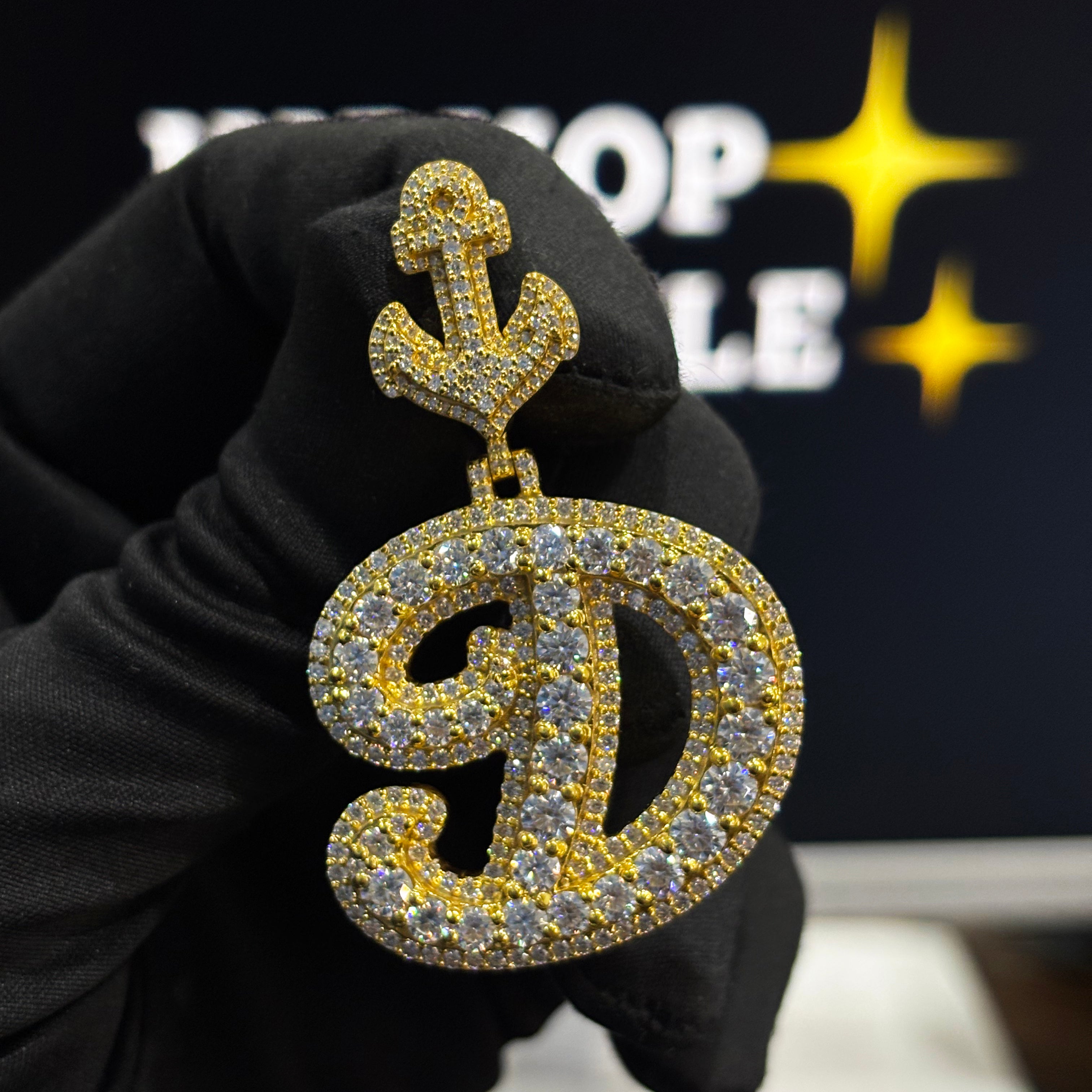 Custom D letter pendant, double layer design, 1.4 x 1.3 inch size, iced out with VVS moissanite diamonds, hip hop jewelry with custom bail.