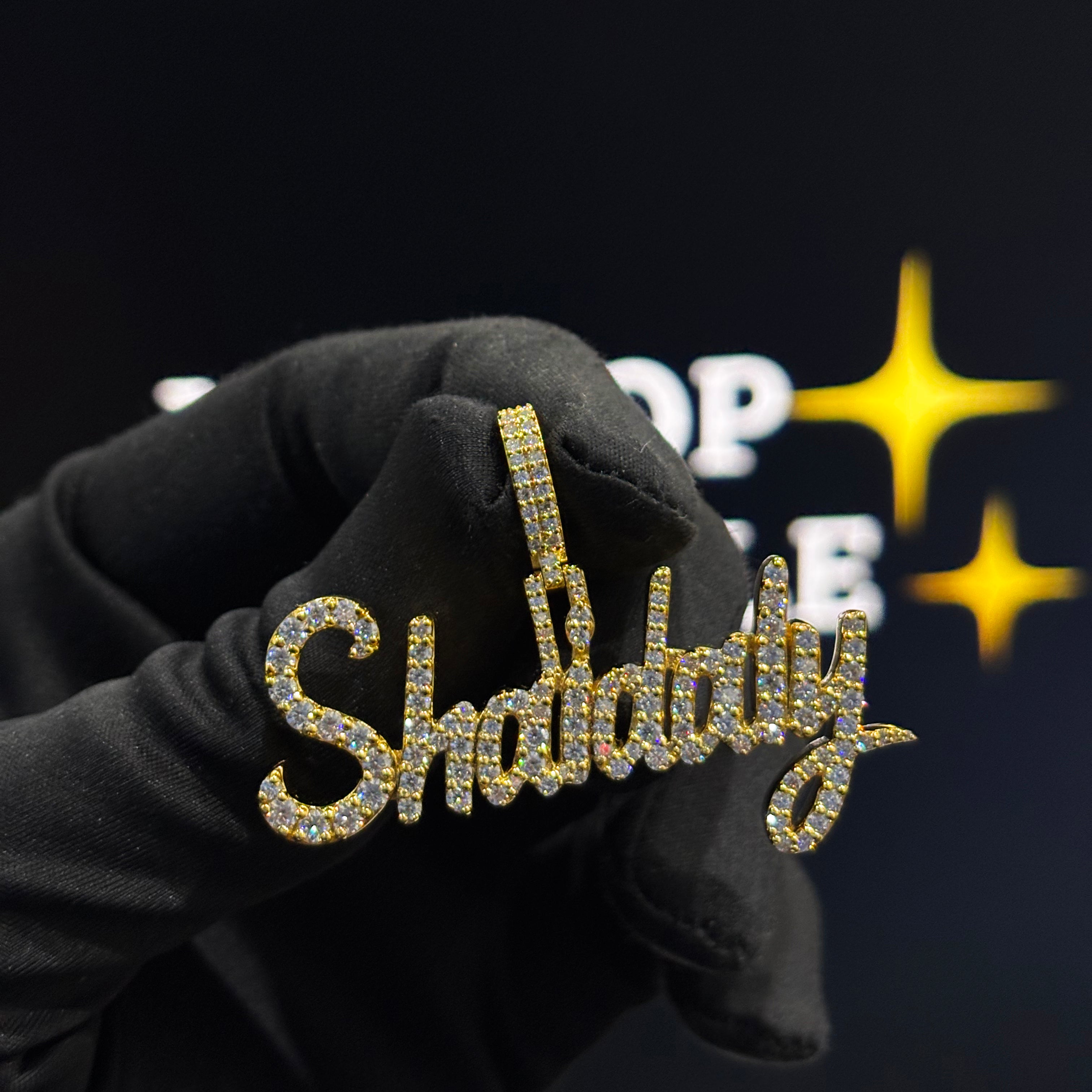 Shaidaly custom name pendant, 2 inch size, iced out with VVS moissanite diamonds, hip hop jewelry.