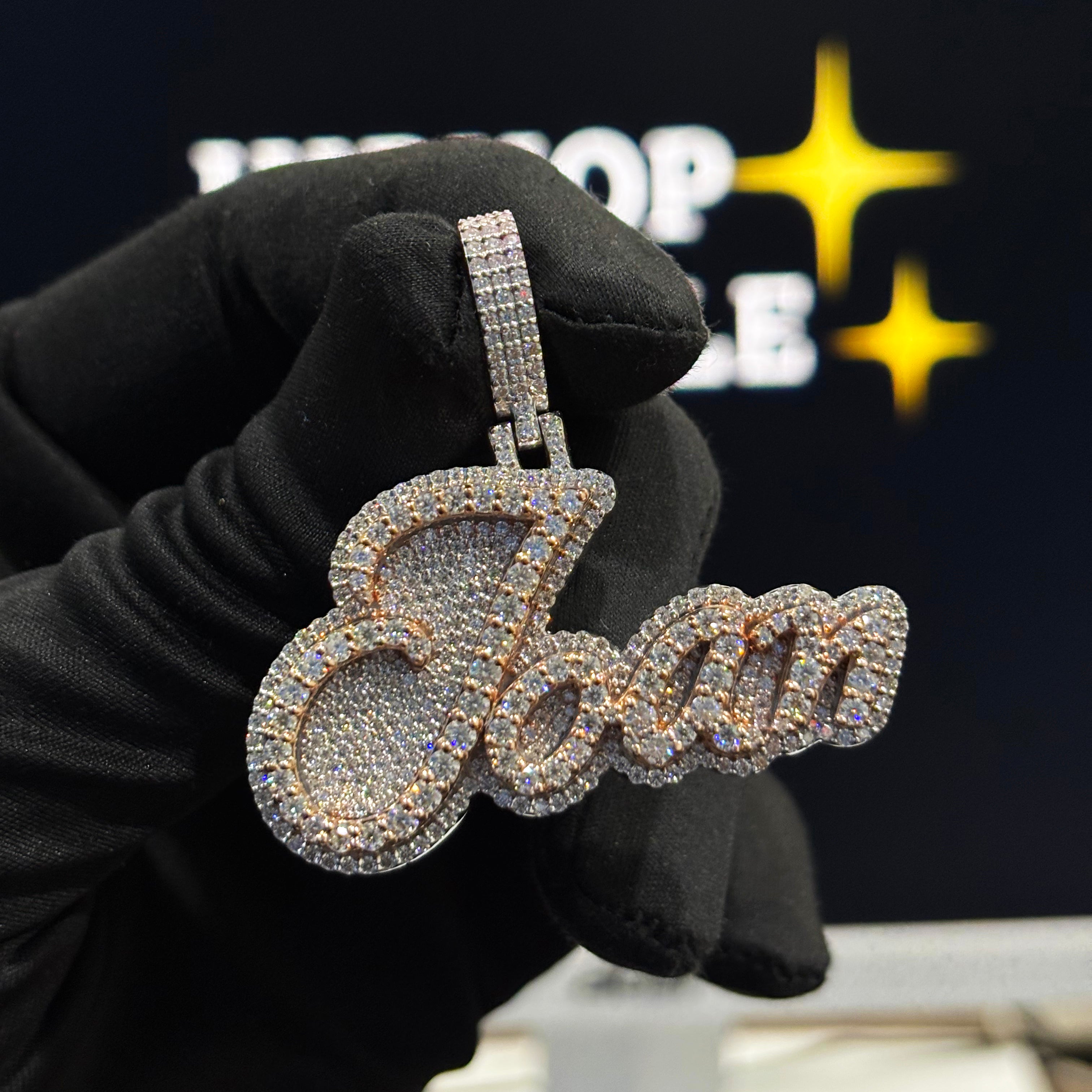 Personalized Joan Pendant – Two Tone Rose Gold & Silver, 1.9 Inch Moissanite Custom Name Hip Hop Chain Jewelry