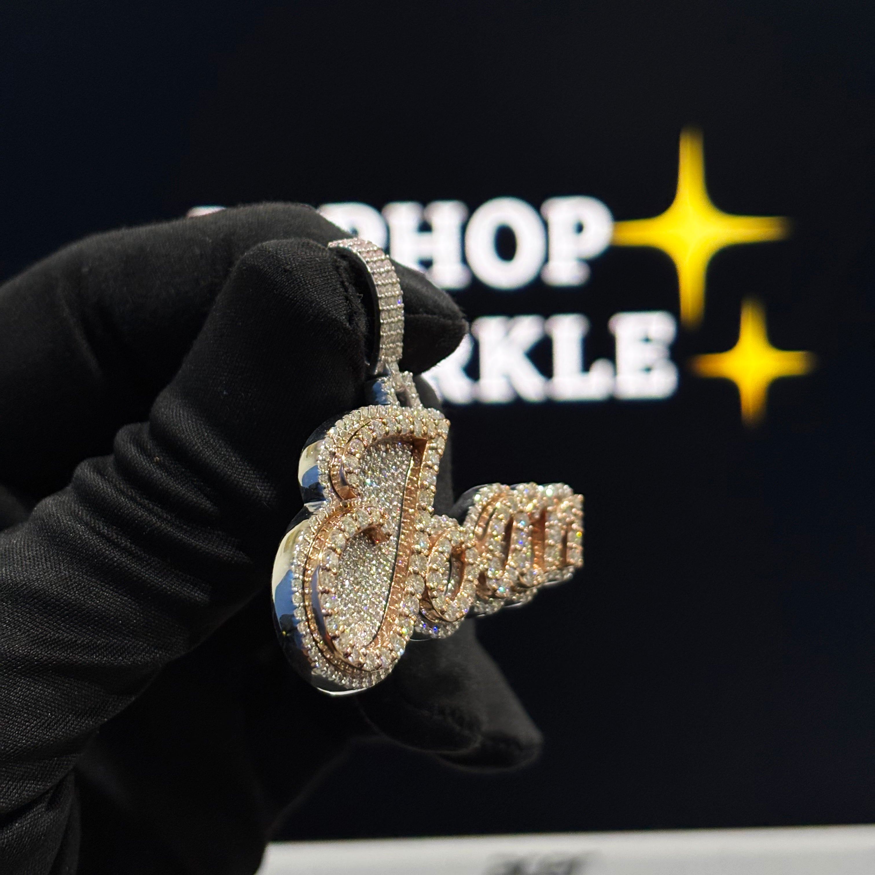 Personalized Joan Pendant – Two Tone Rose Gold & Silver, 1.9 Inch Moissanite Custom Name Hip Hop Chain Jewelry