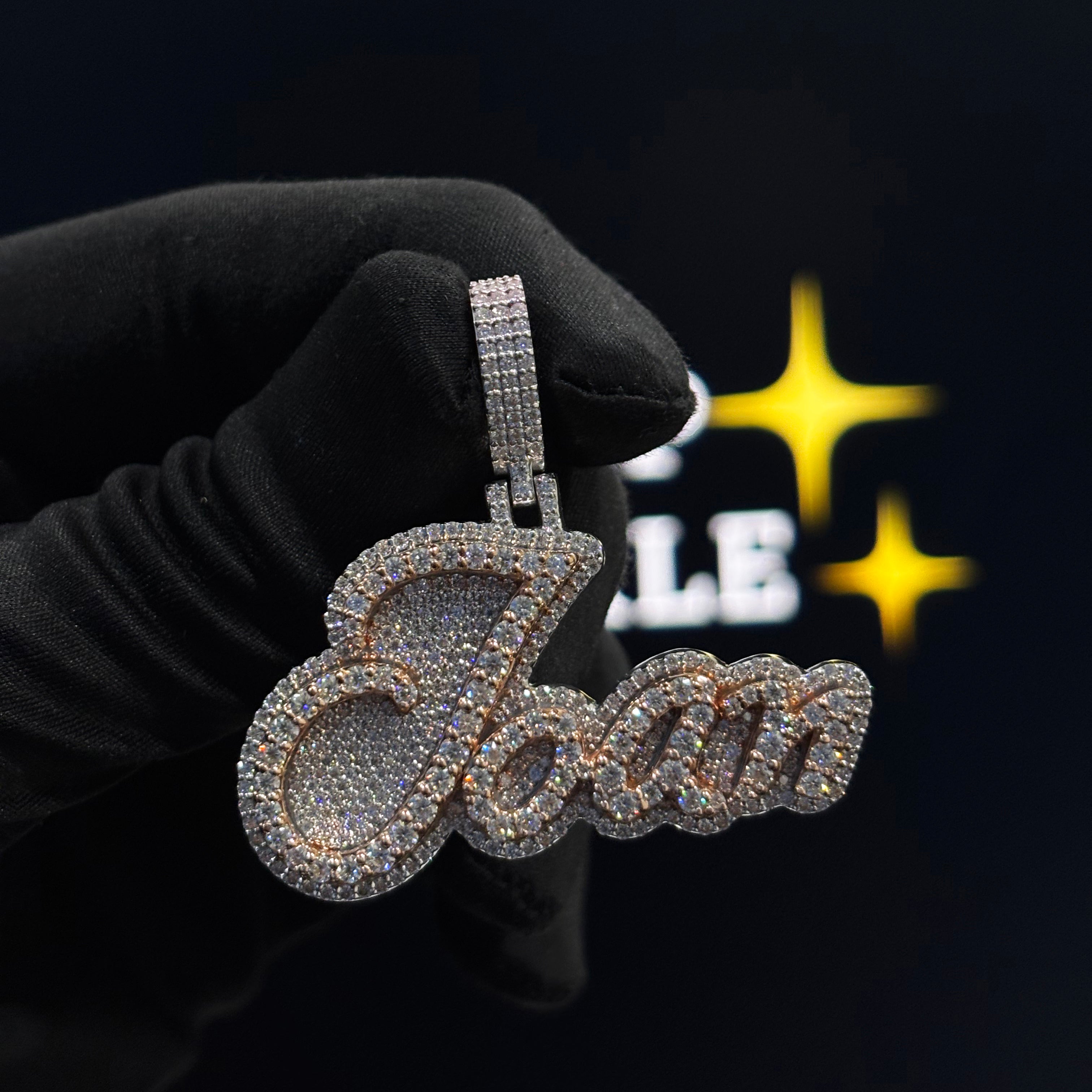 Personalized Joan Pendant – Two Tone Rose Gold & Silver, 1.9 Inch Moissanite Custom Name Hip Hop Chain Jewelry